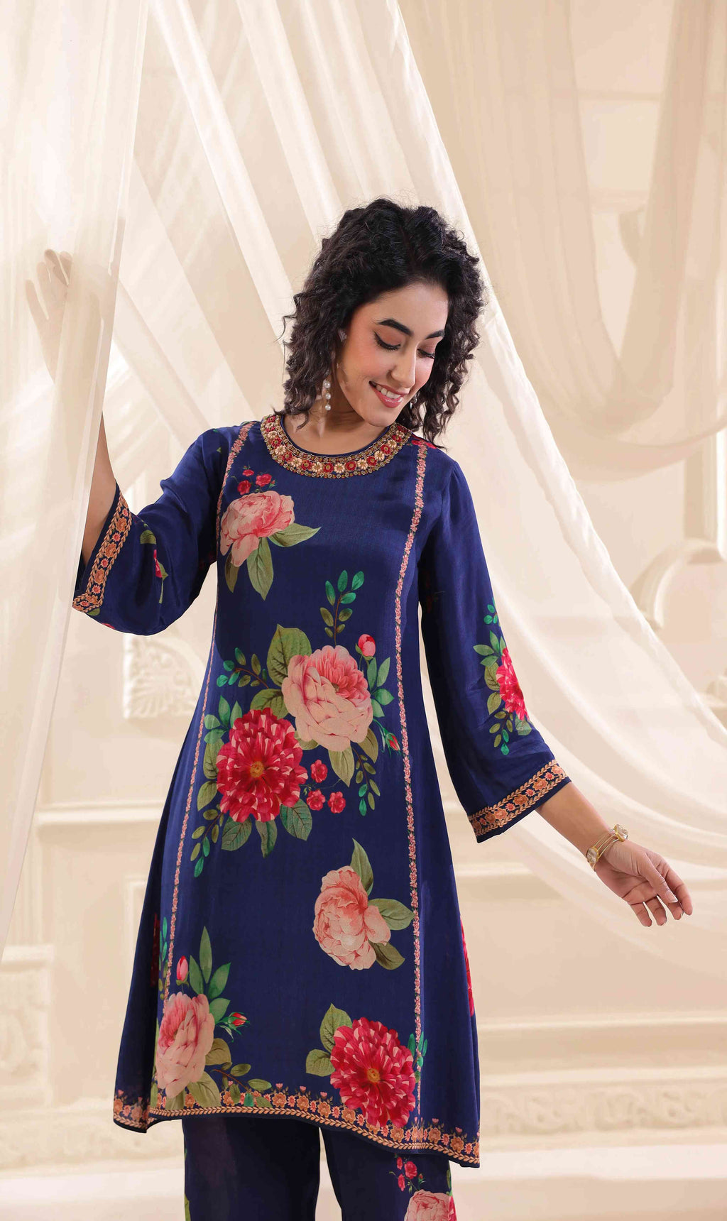 Printed Kurti with Pant - Navy