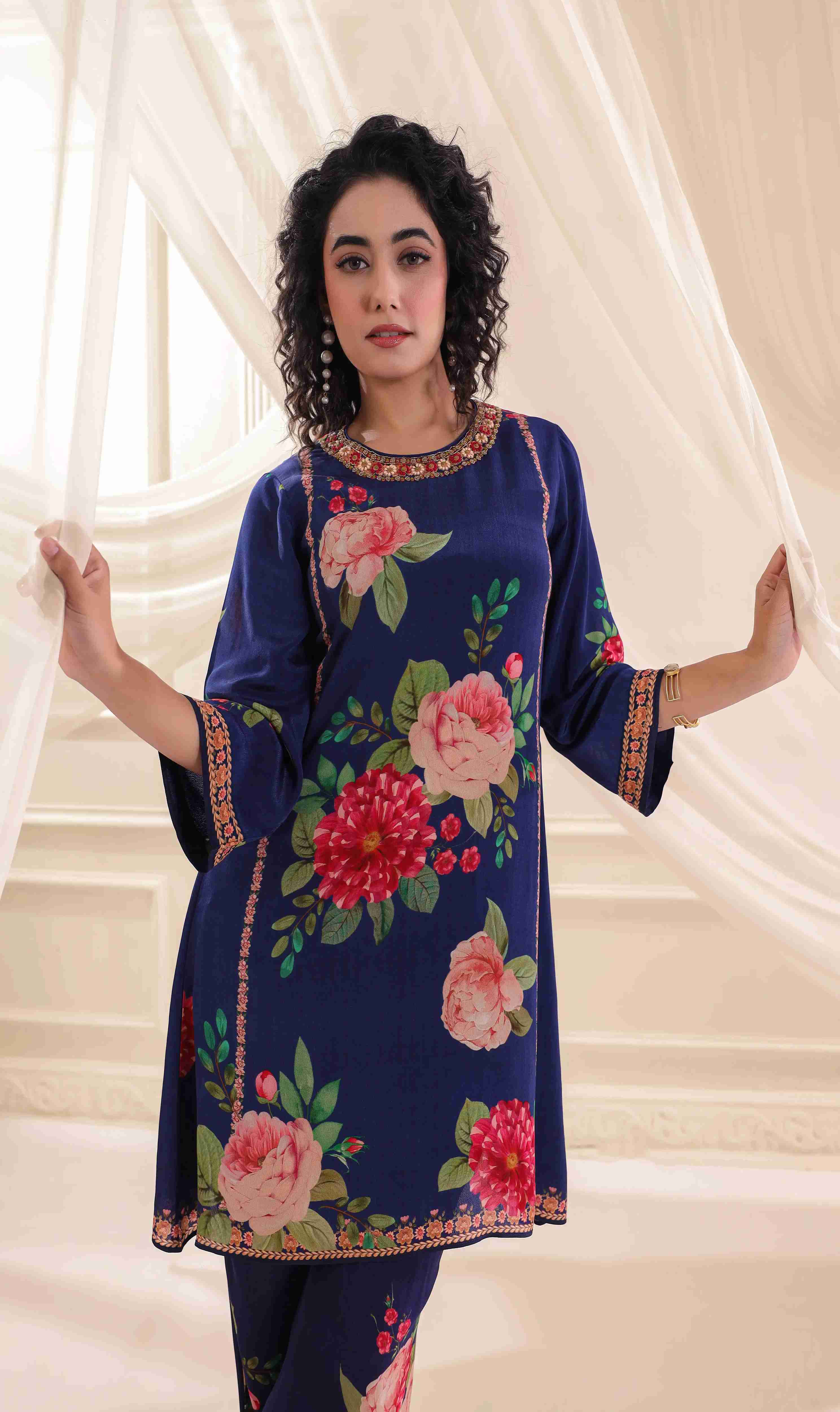 Printed Kurti with Pant - Navy