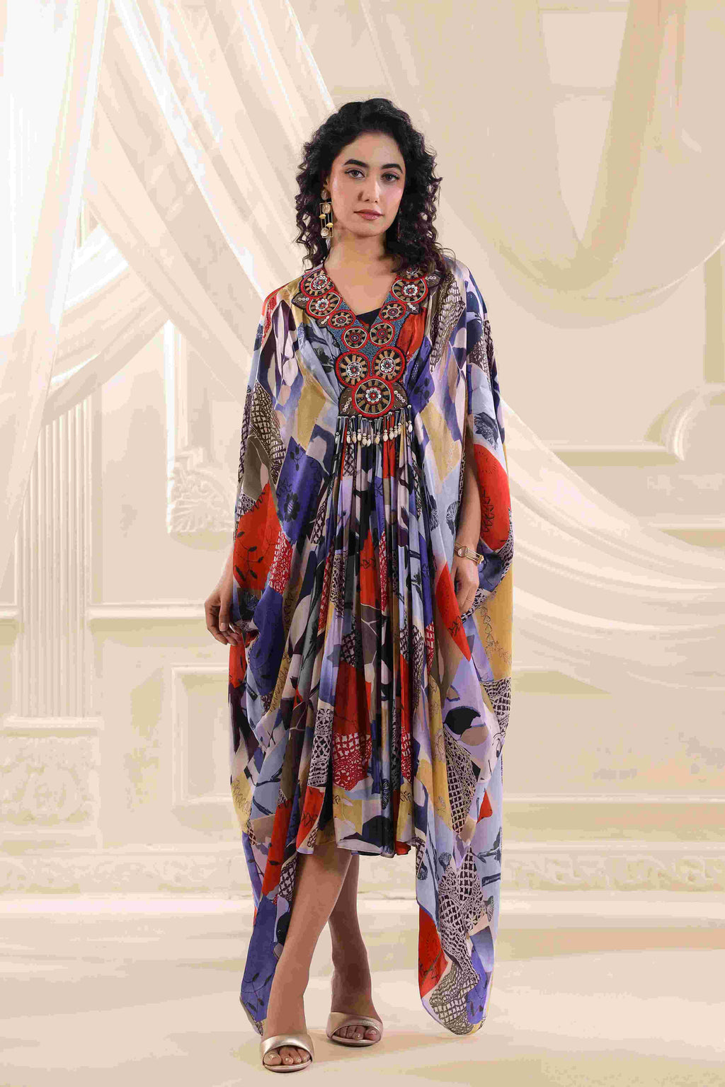 Long drape Set with neck emblished - Multi
