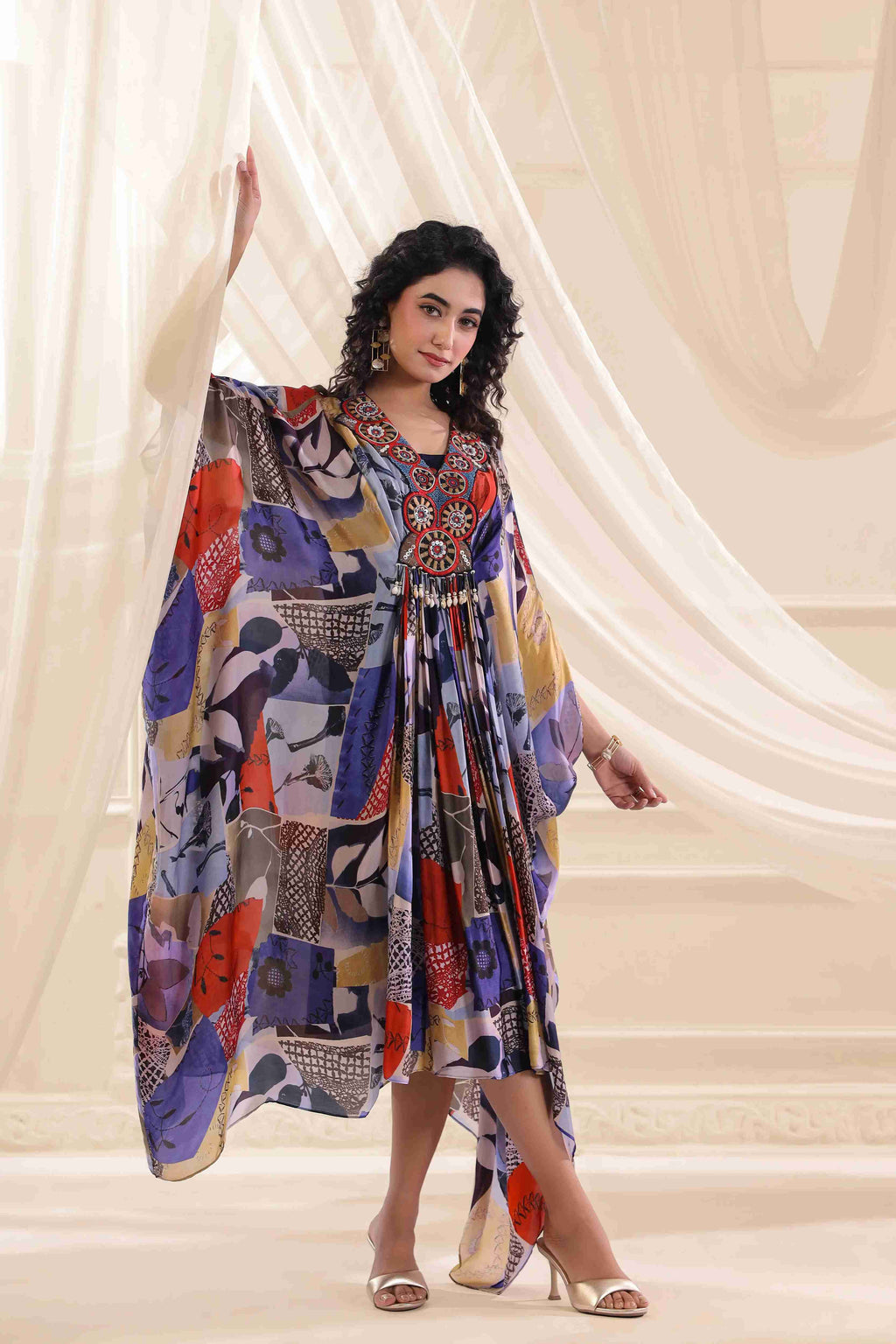 Long drape Set with neck emblished - Multi