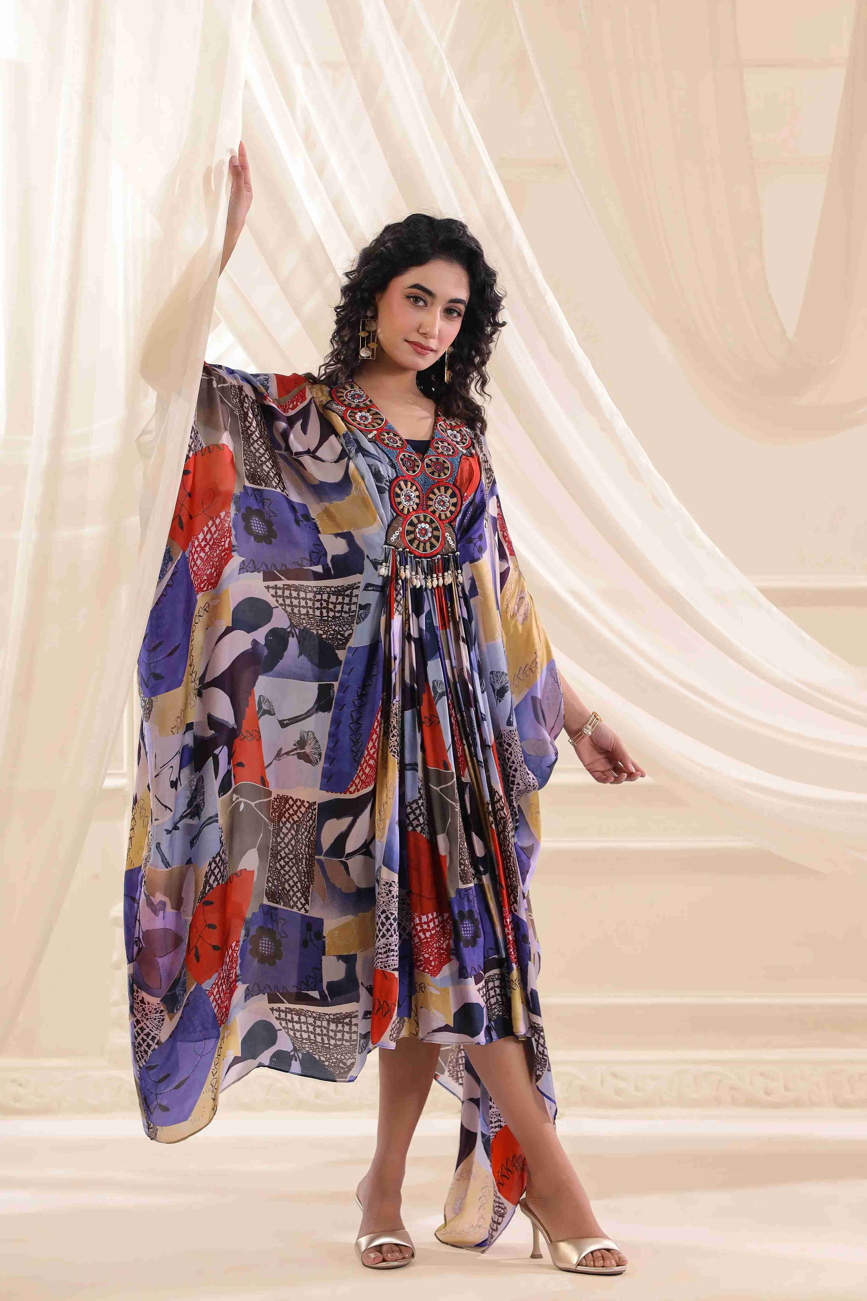 Long drape Set with neck emblished - Multi
