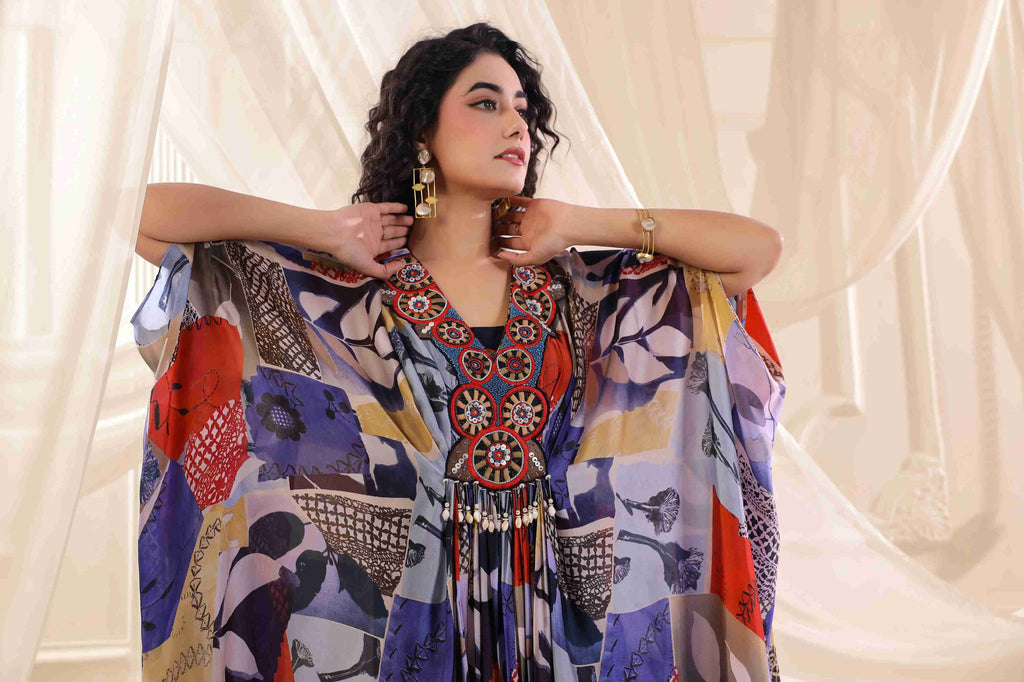 Long drape Set with neck emblished - Multi