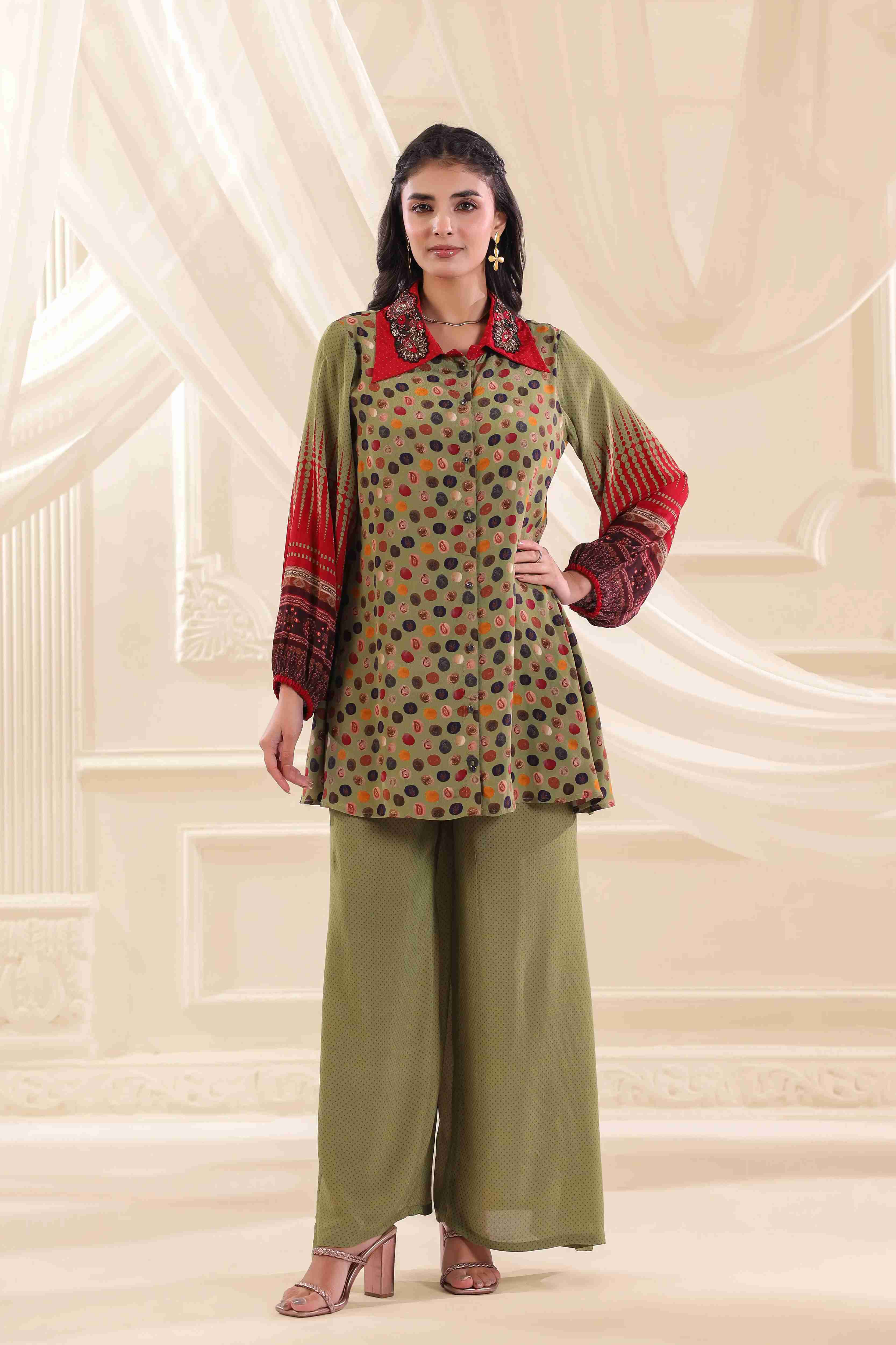 Printed Co-Ord Set with Embellished Neck - Multi