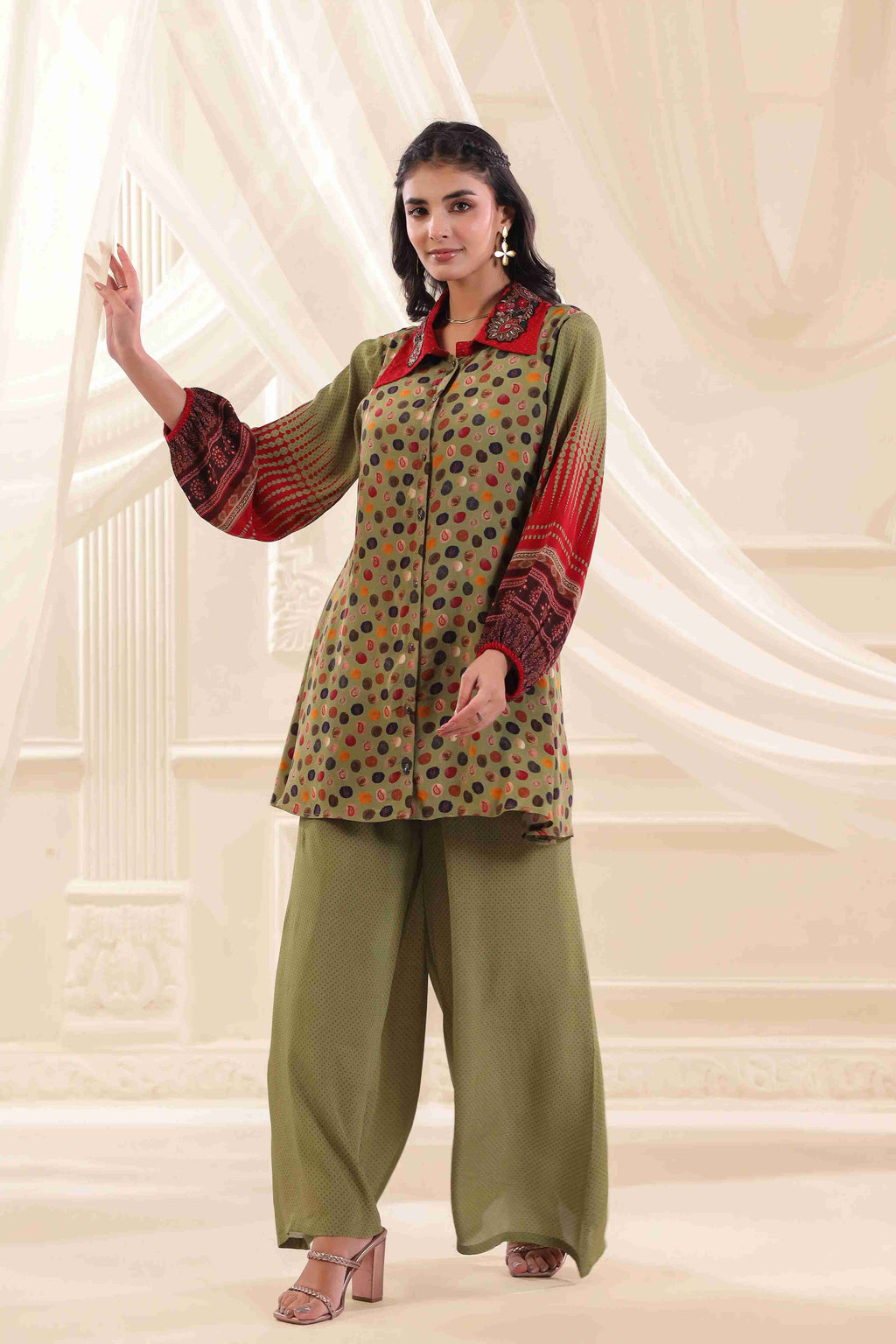 Printed Co-Ord Set with Embellished Neck - Multi