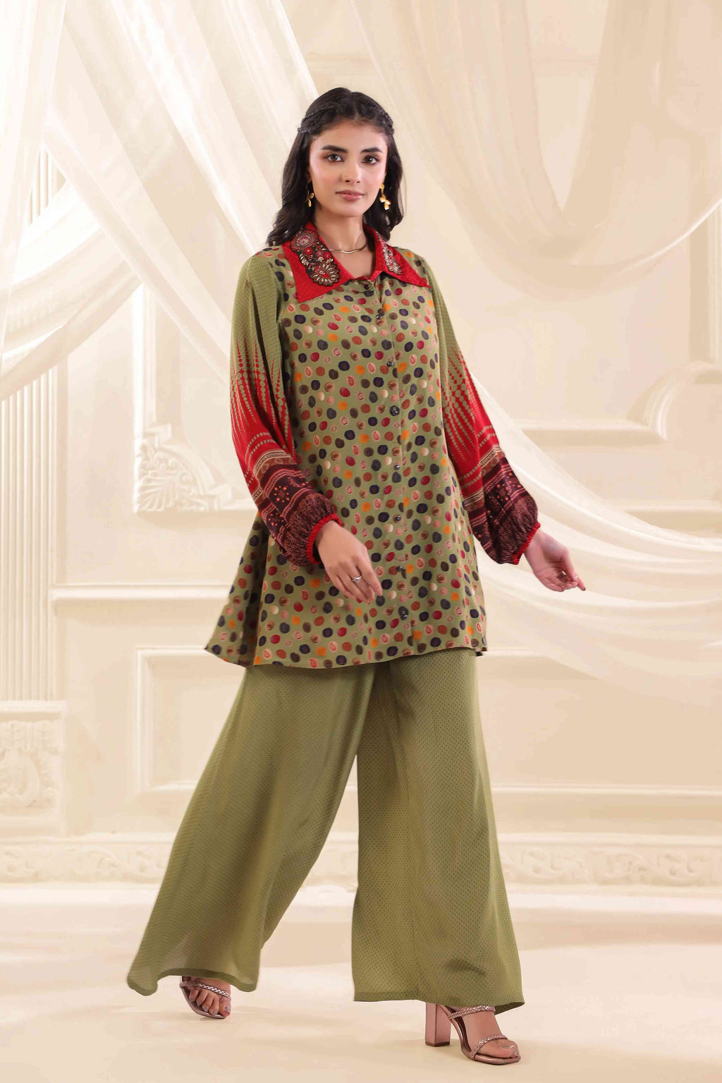 Printed Co-Ord Set with Embellished Neck - Multi