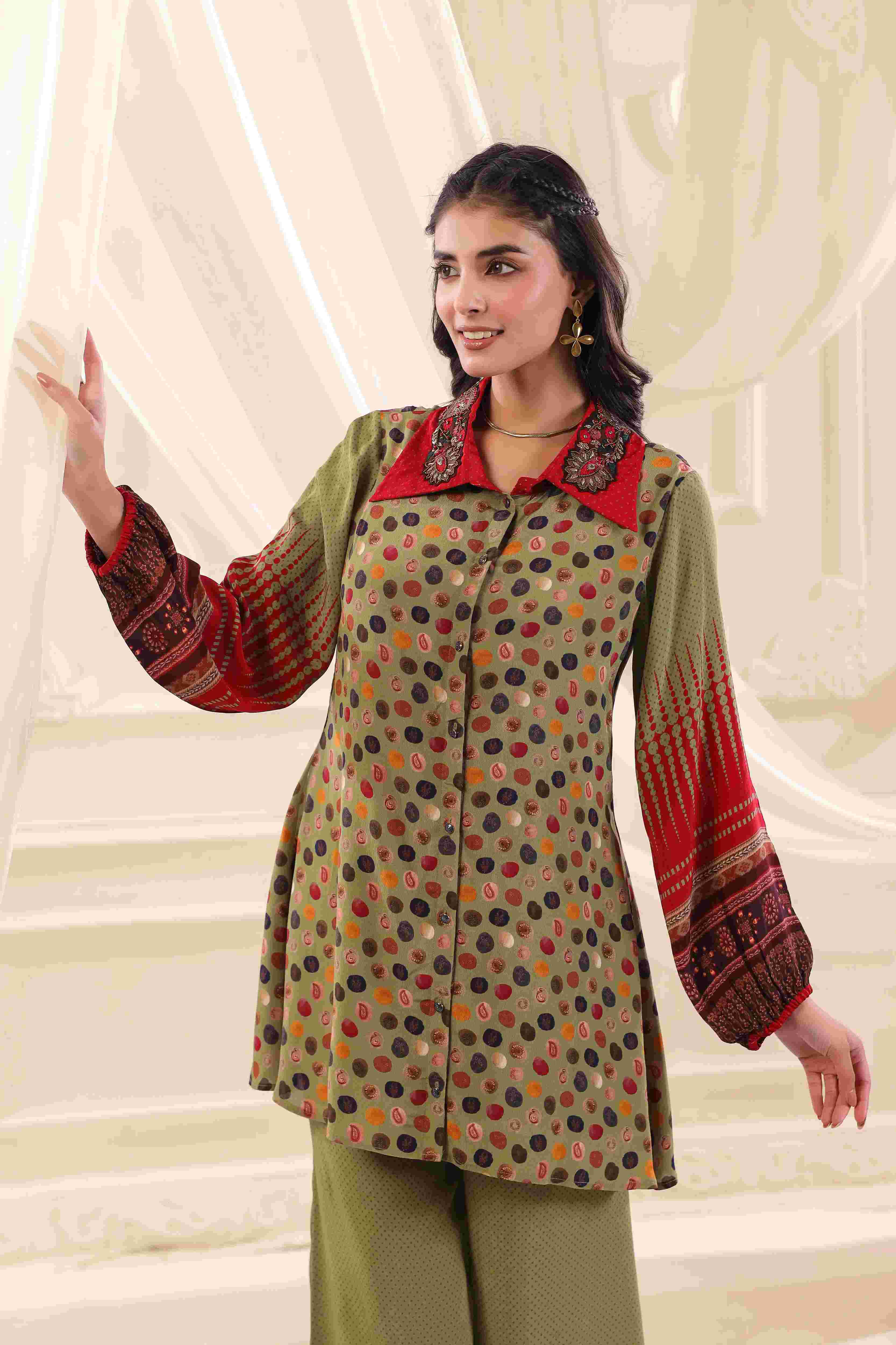 Printed Co-Ord Set with Embellished Neck - Multi