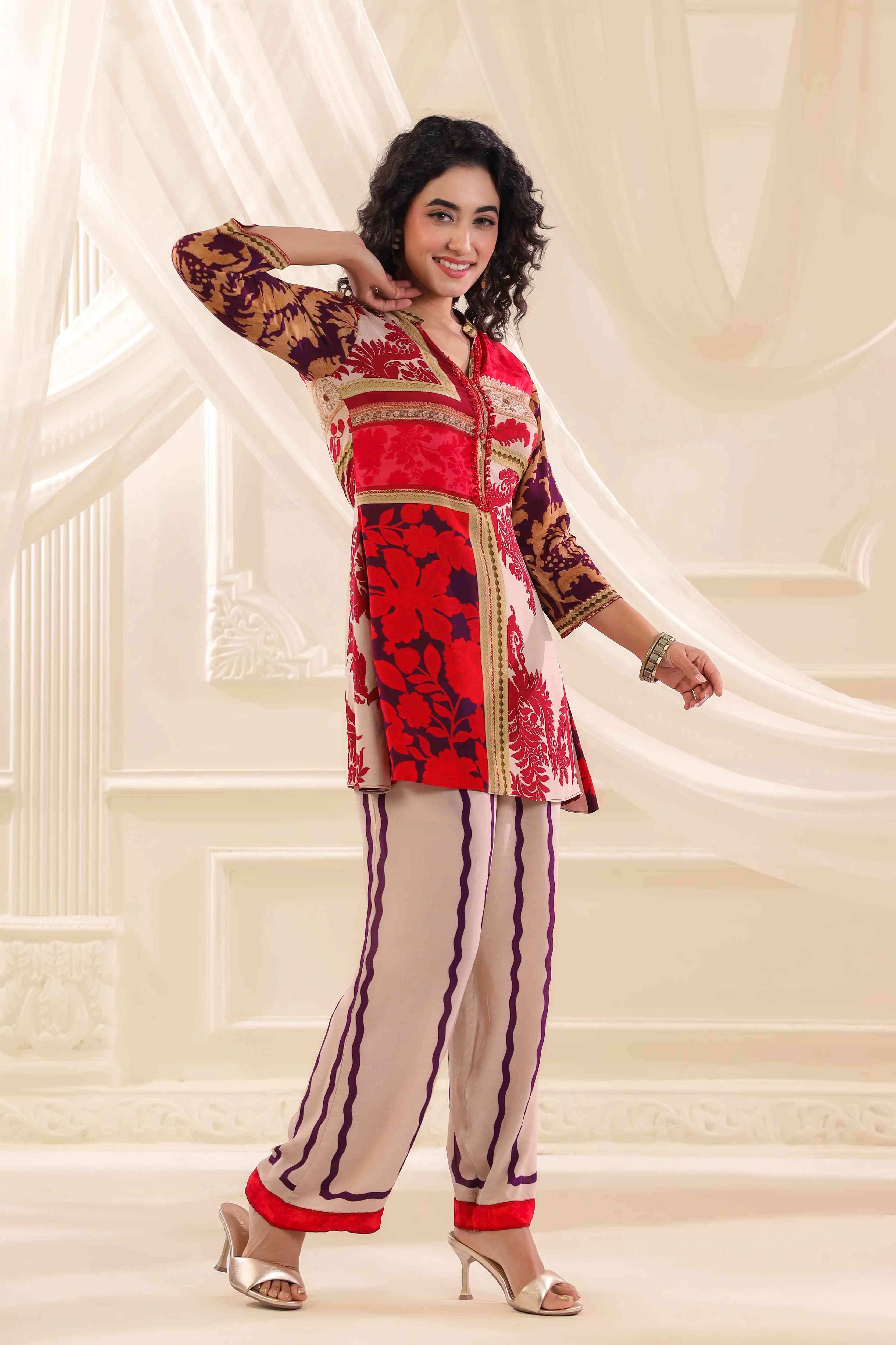 Printed Co-Ord - Multi - - Multi Material: – Viscose Crepe Top Length :- 32 Inches