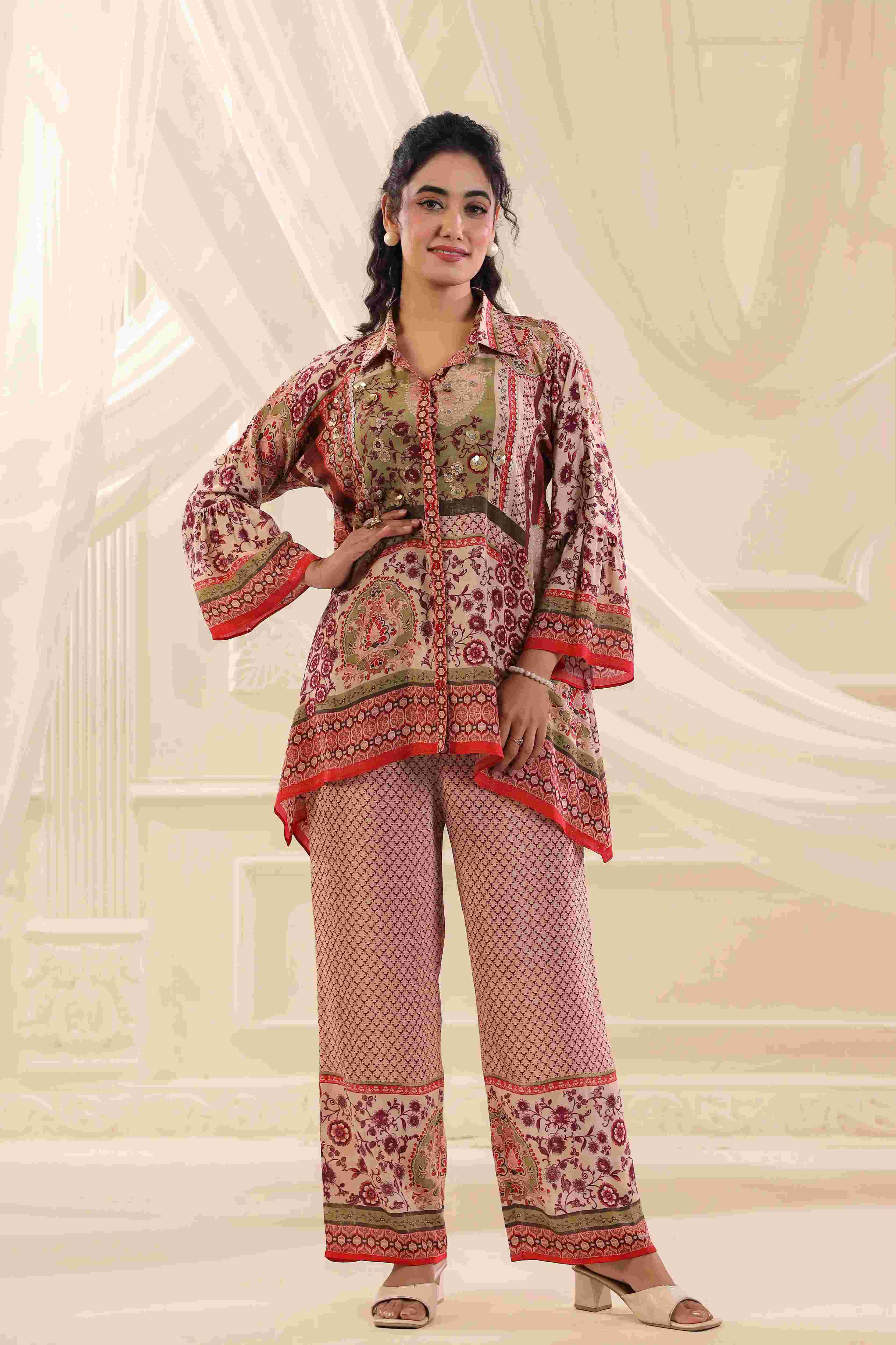 Printed Co-Ord - Multi - - Multi Material: – Viscose Crepe Top Length :- 32 Inches