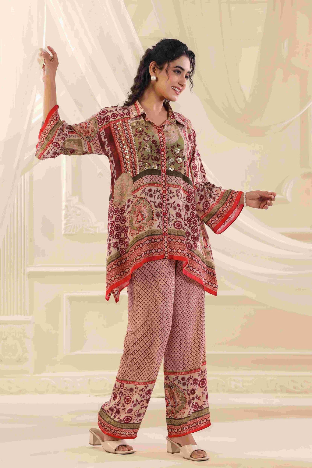 Printed Co-Ord - Multi - - Multi Material: – Viscose Crepe Top Length :- 32 Inches