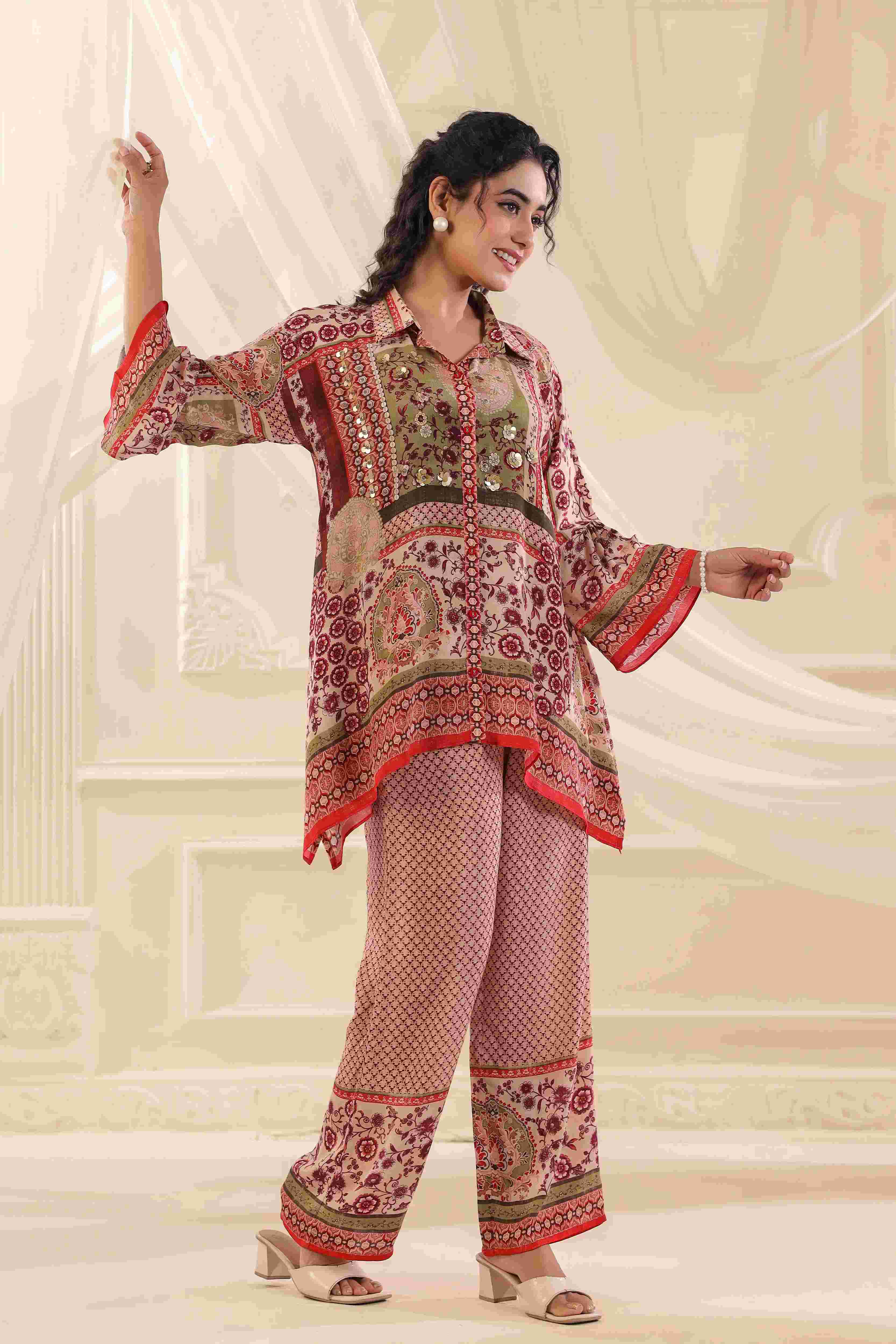 Printed Co-Ord - Multi - - Multi Material: – Viscose Crepe Top Length :- 32 Inches