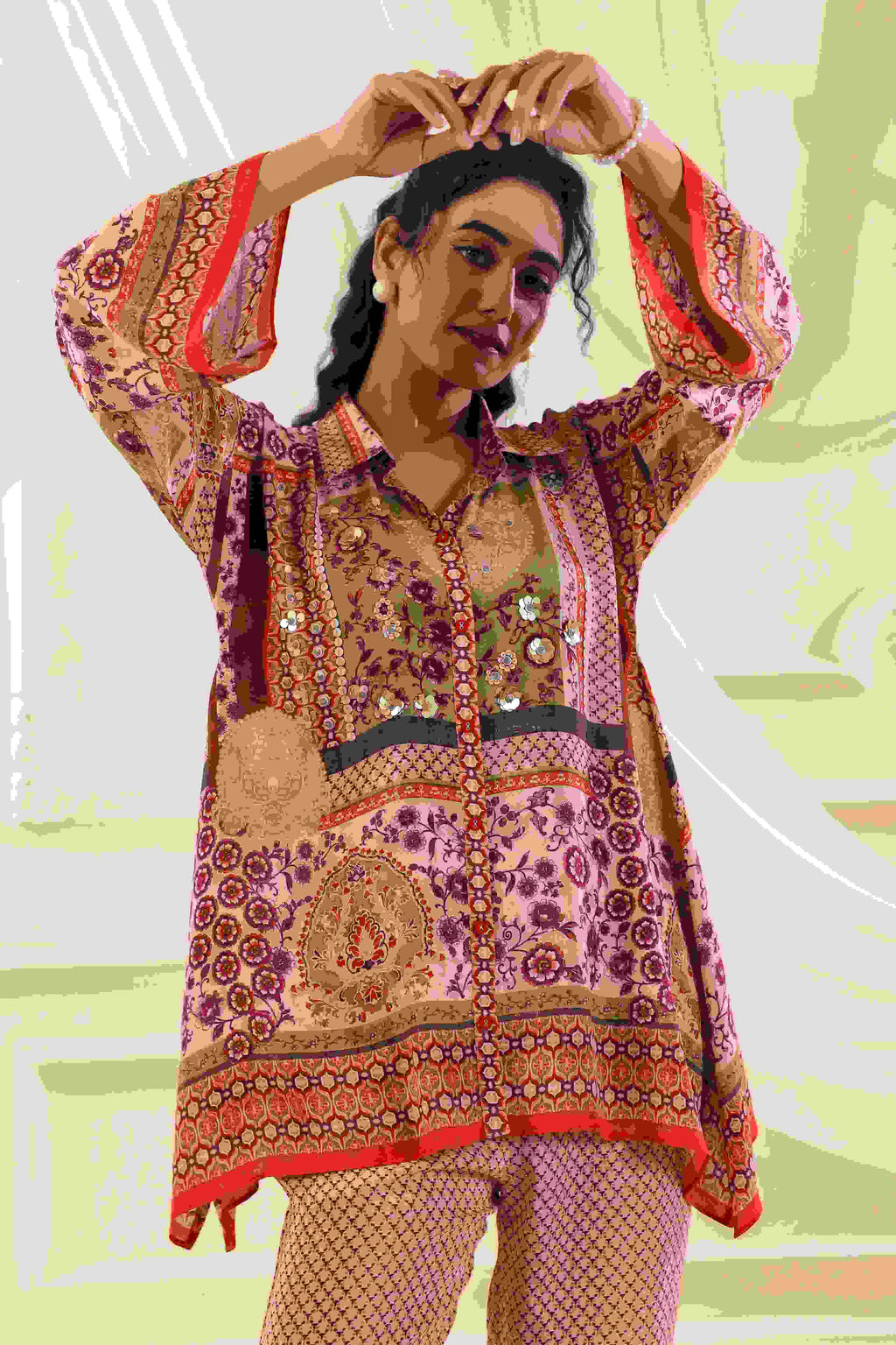 Printed Co-Ord - Multi - - Multi Material: – Viscose Crepe Top Length :- 32 Inches