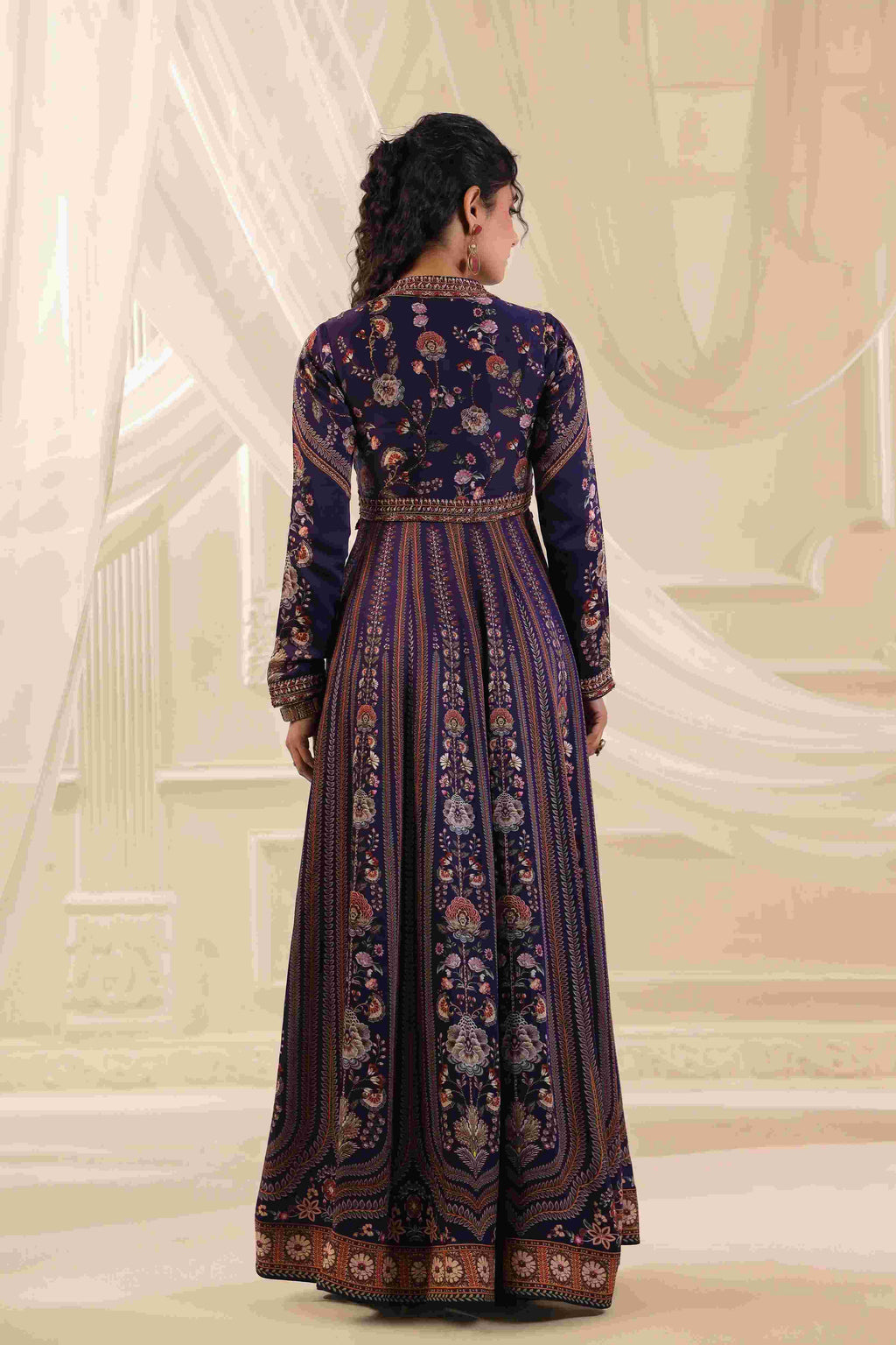 Printed Long Embellished Gown - Navy