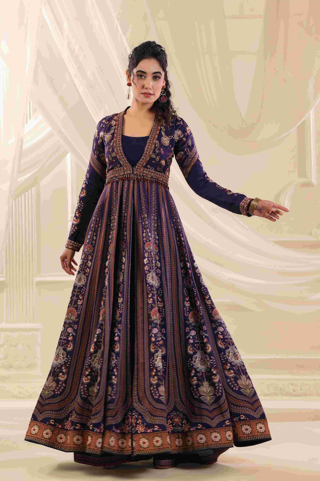 Printed Long Embellished Gown - Navy