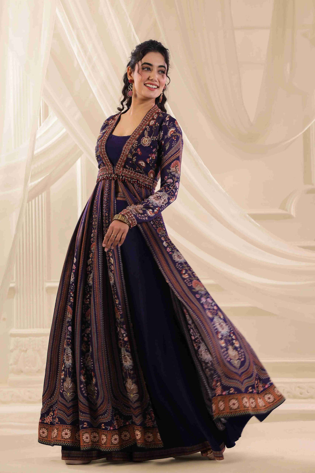 Printed Long Embellished Gown - Navy