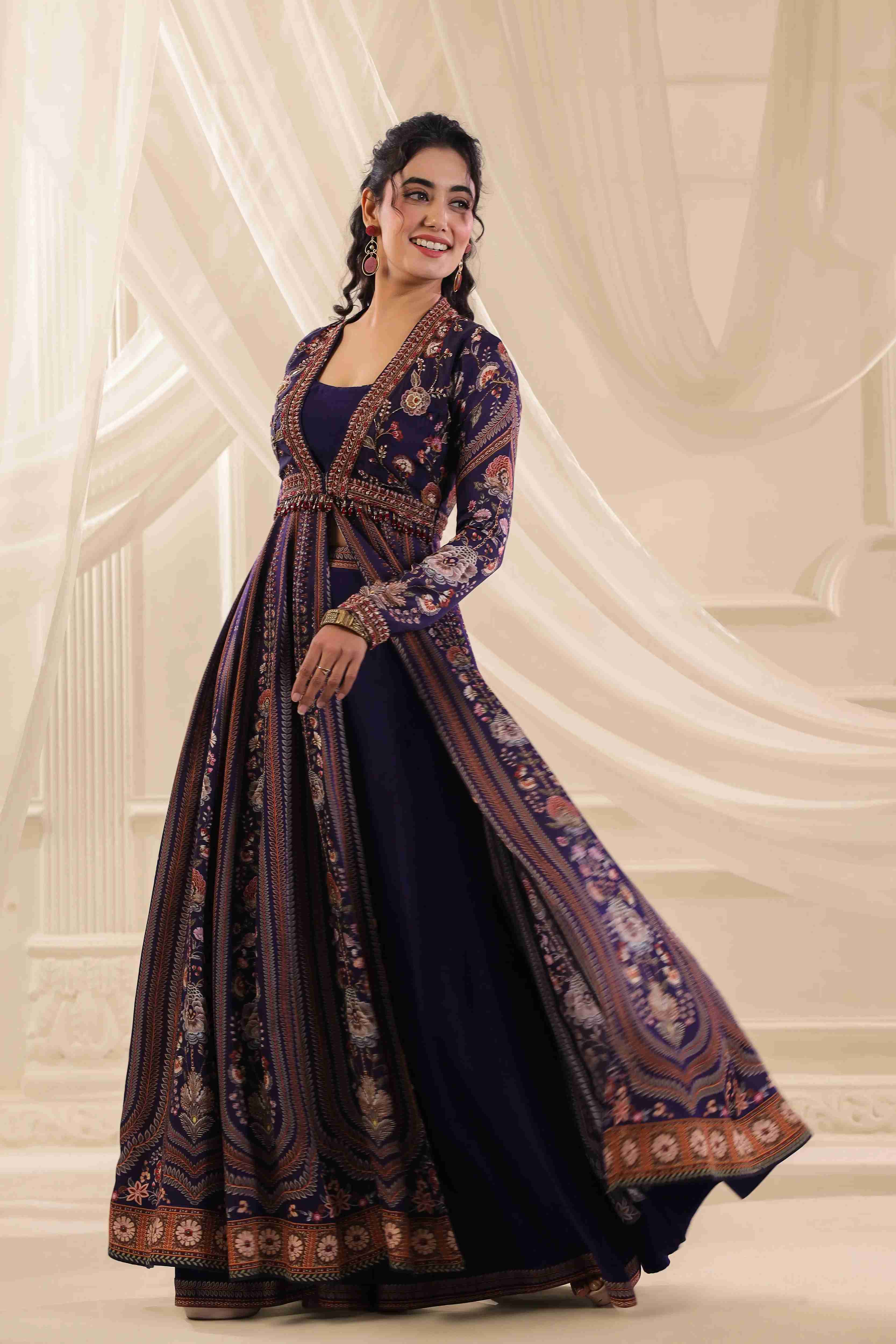 Printed Long Embellished Gown - Navy