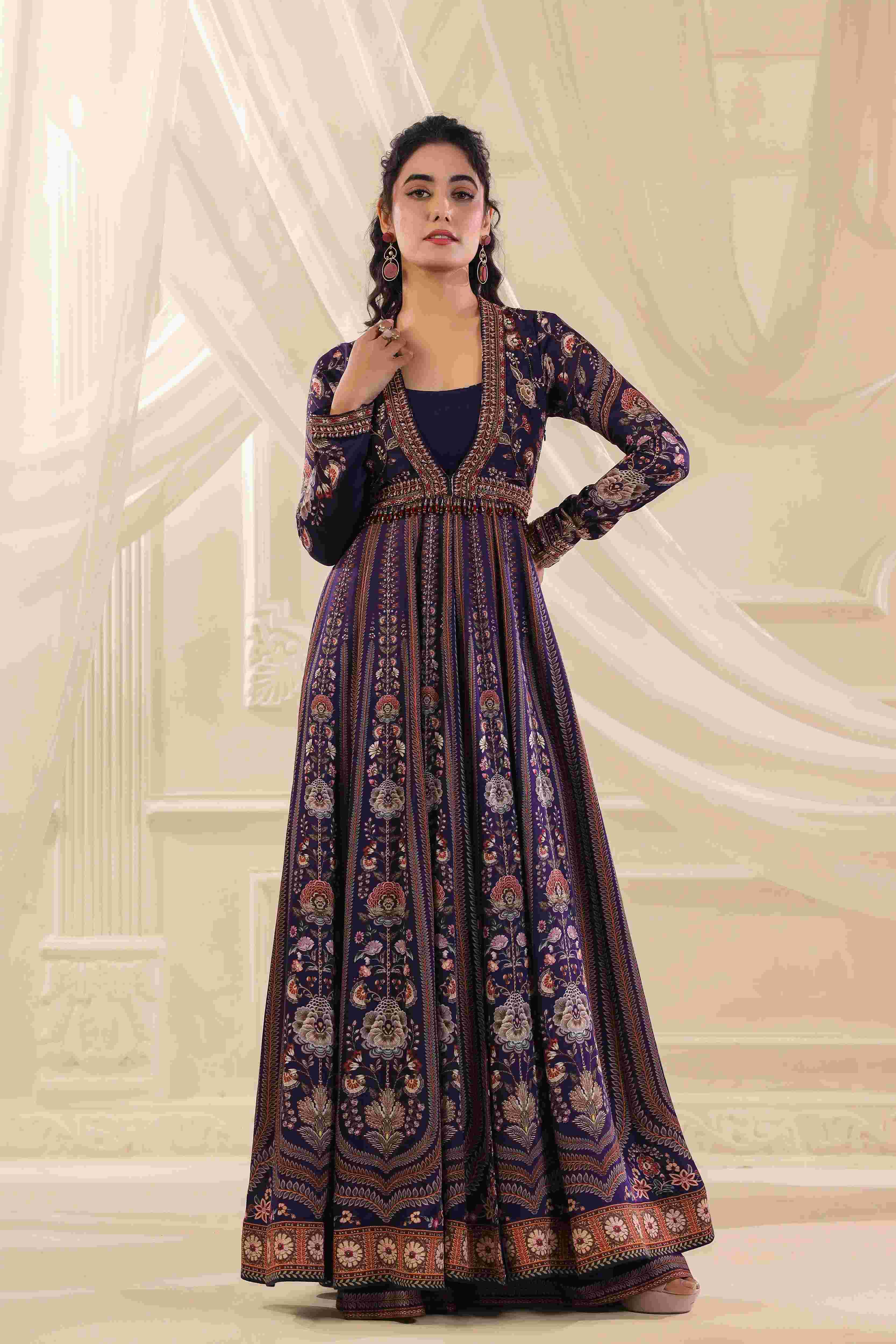 Printed Long Embellished Gown - Navy