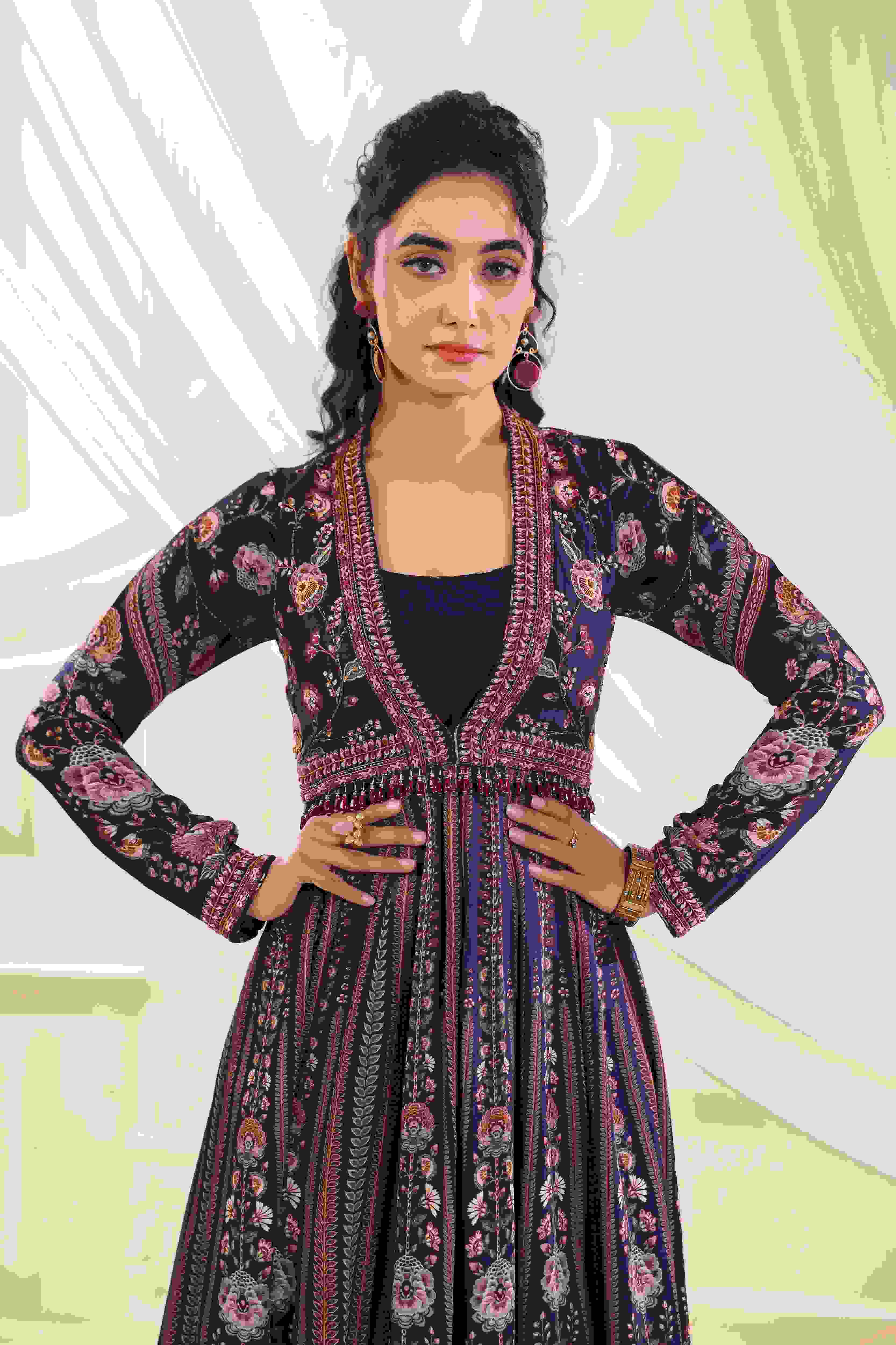 Printed Long Embellished Gown - Navy