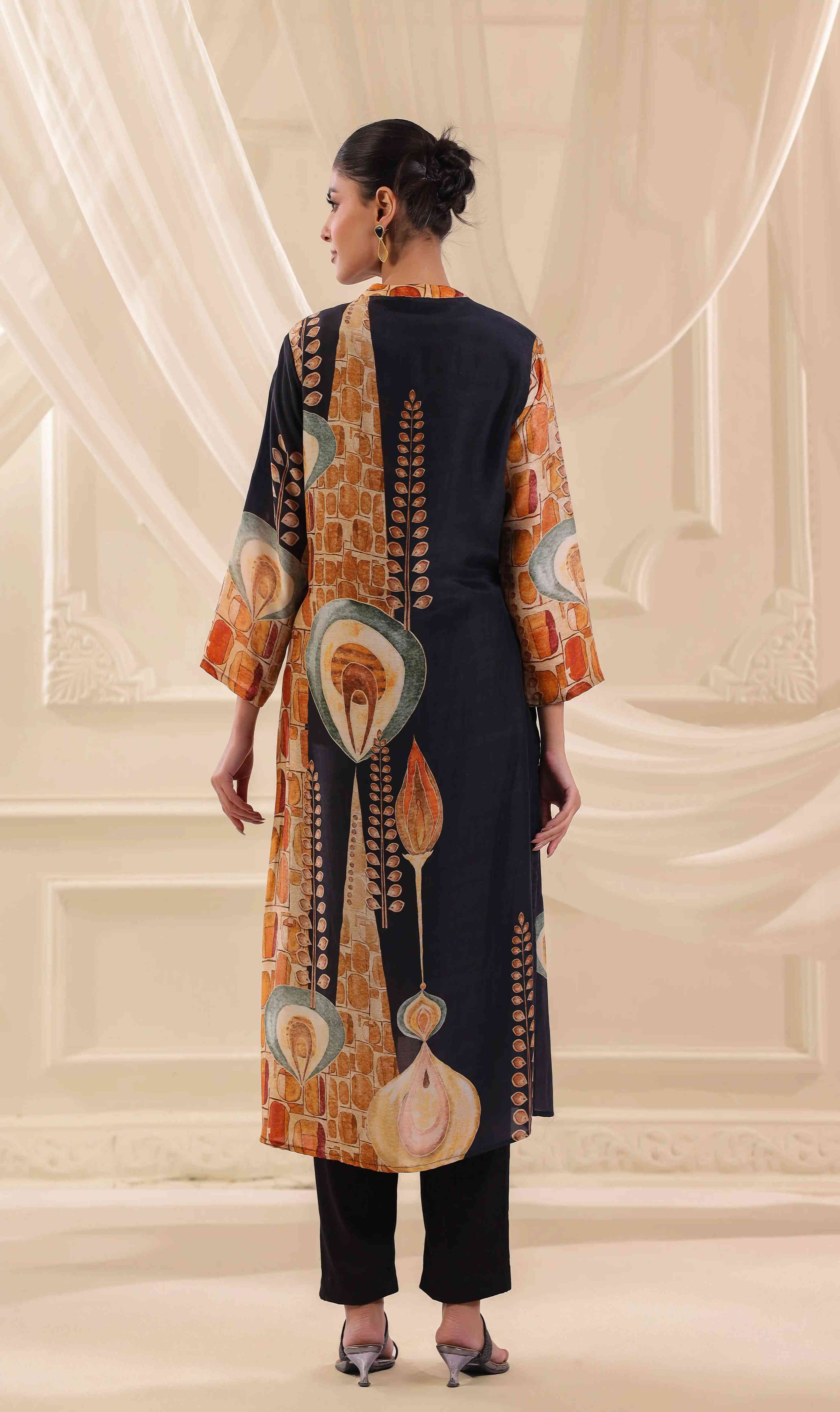 Printed Kurti - Black - Russian Silk