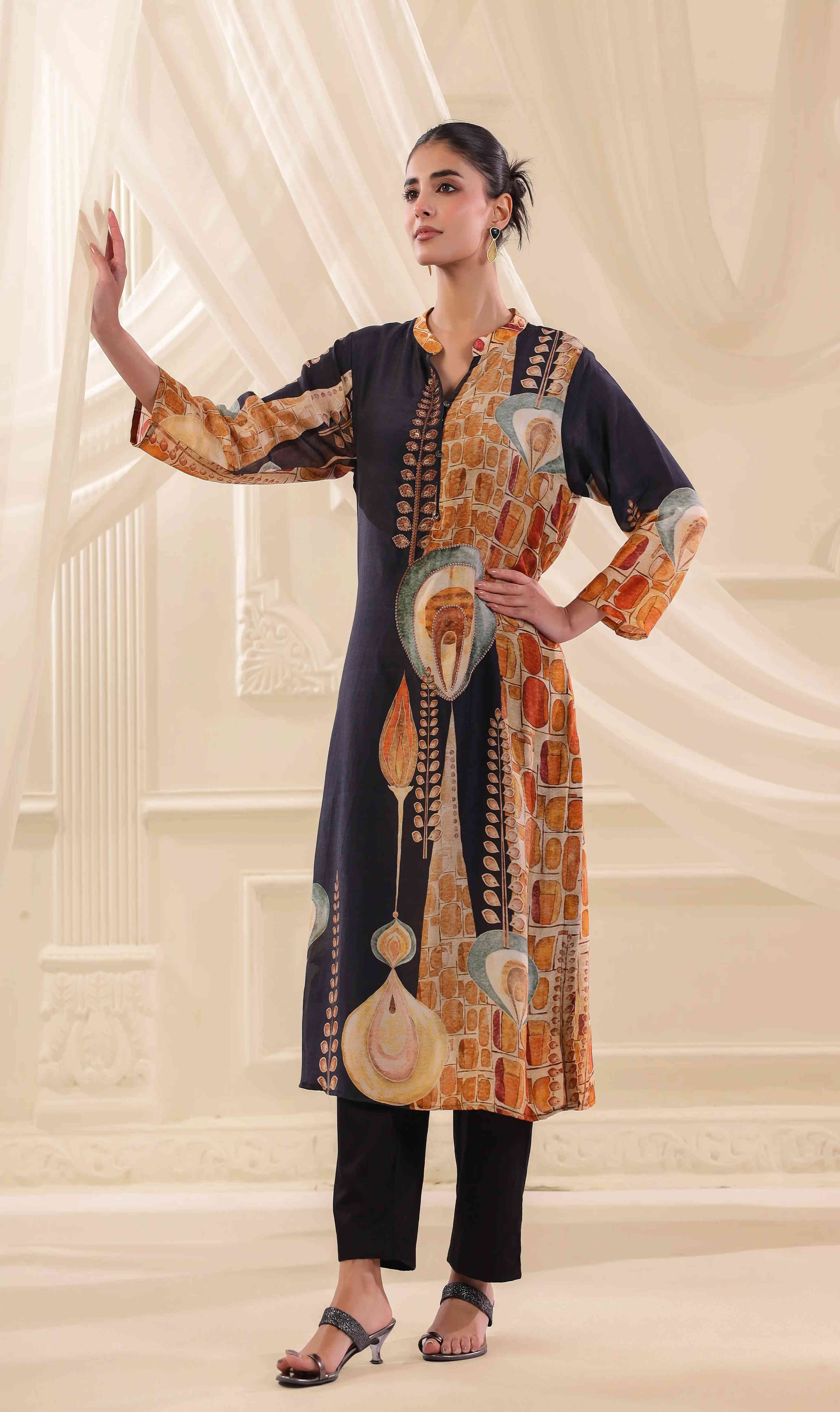 Printed Kurti - Black - Russian Silk