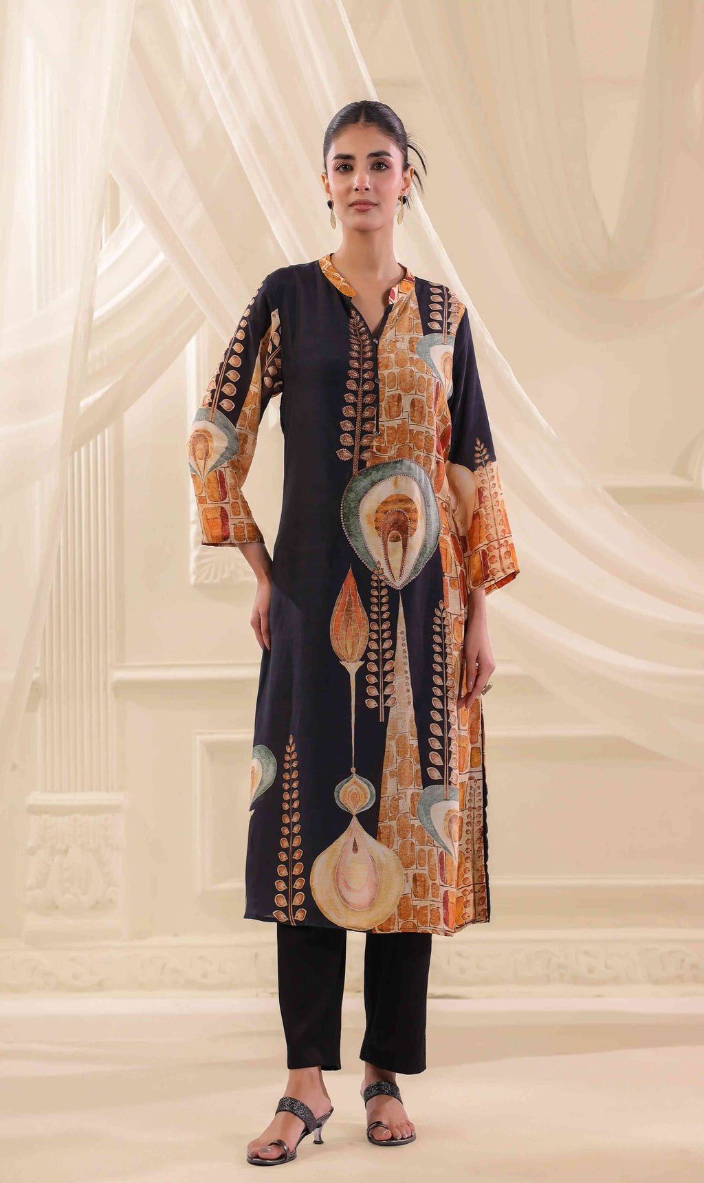 Printed Kurti - Black - Russian Silk