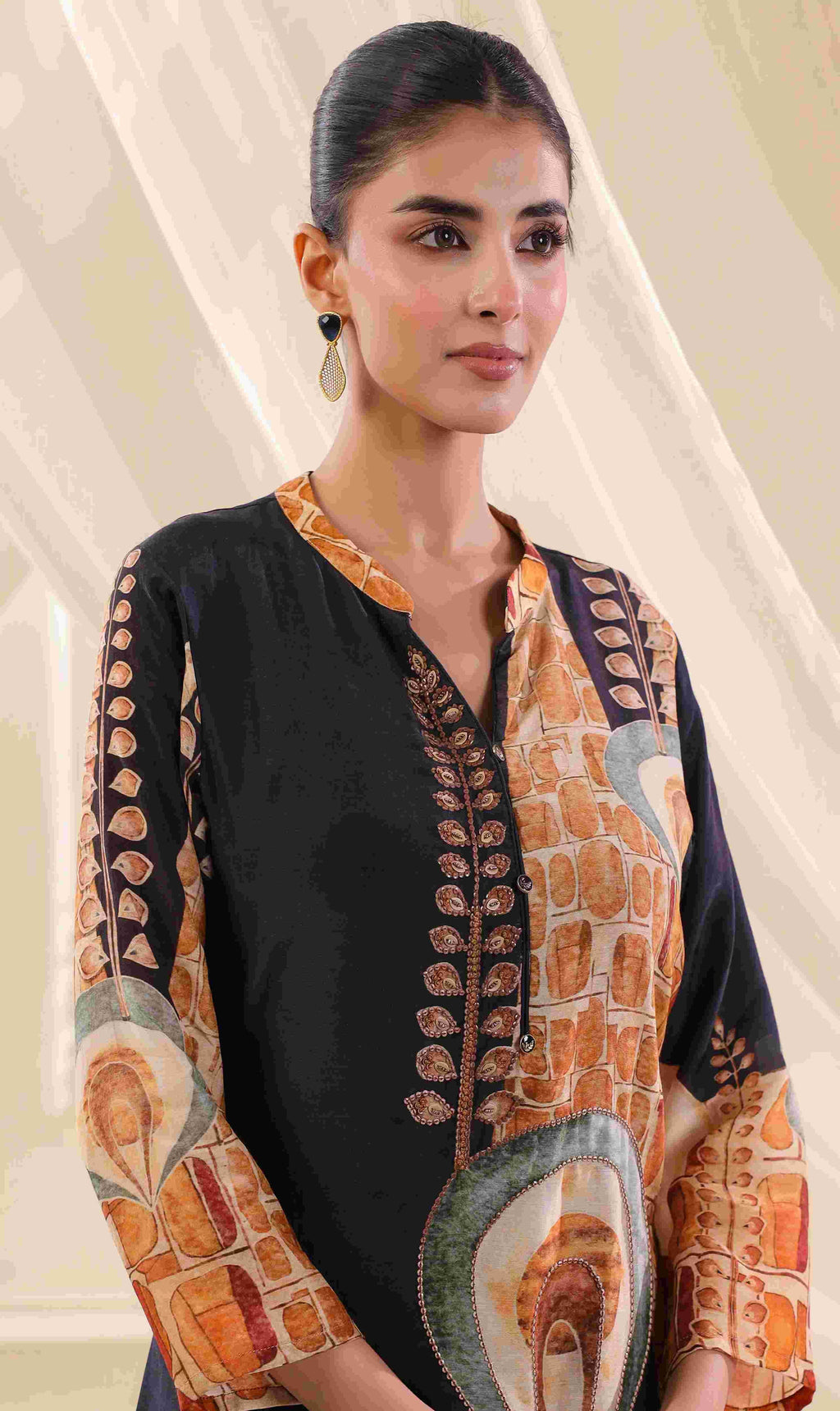 Printed Kurti - Black - Russian Silk