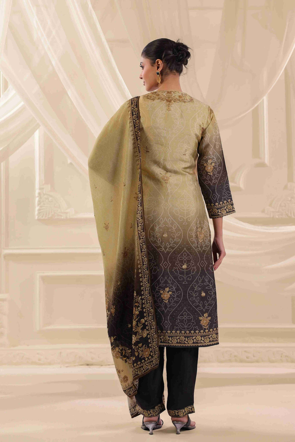 Black & Beige Salwar Kameez Suit Set - Dola Silk