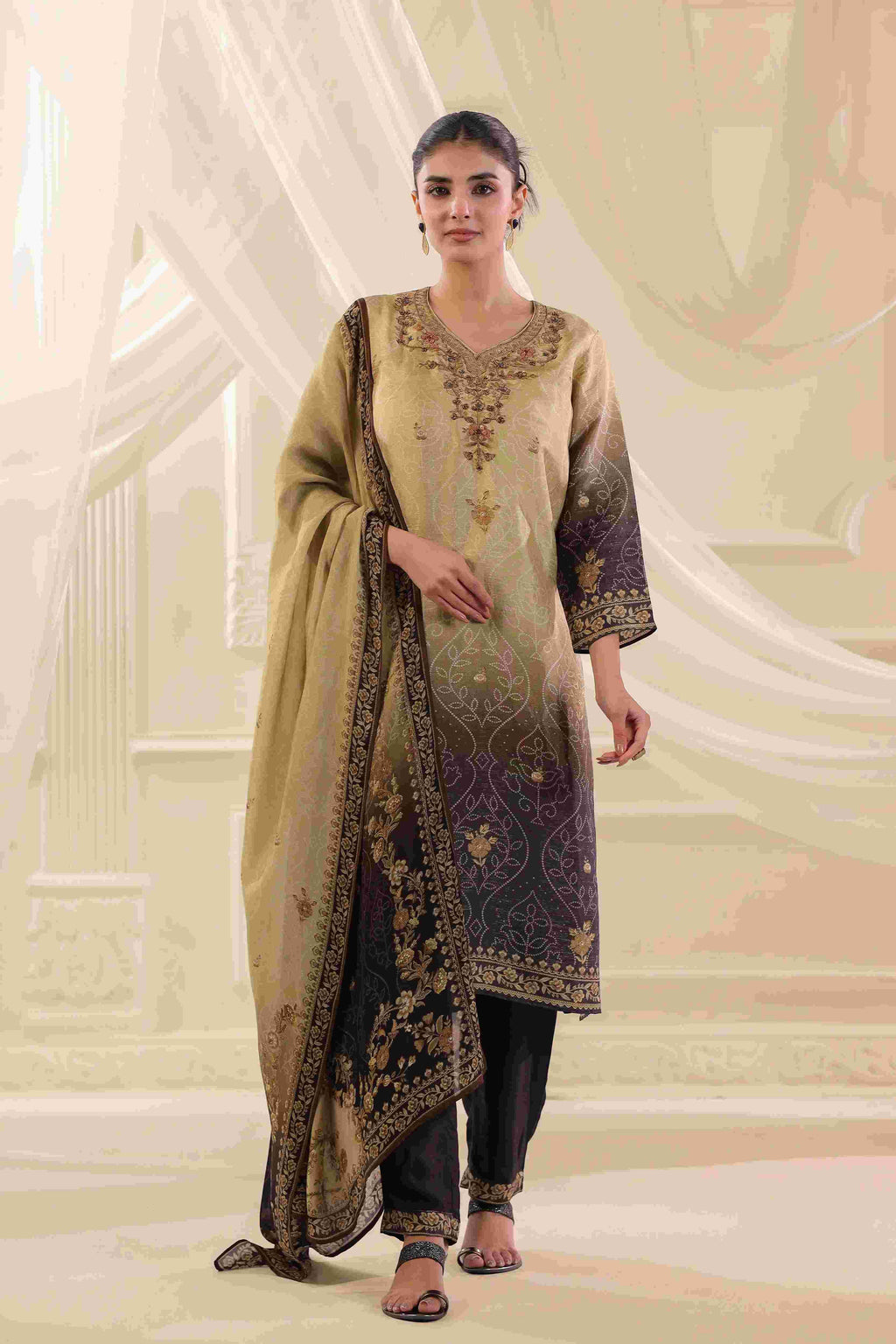 Black & Beige Salwar Kameez Suit Set - Dola Silk