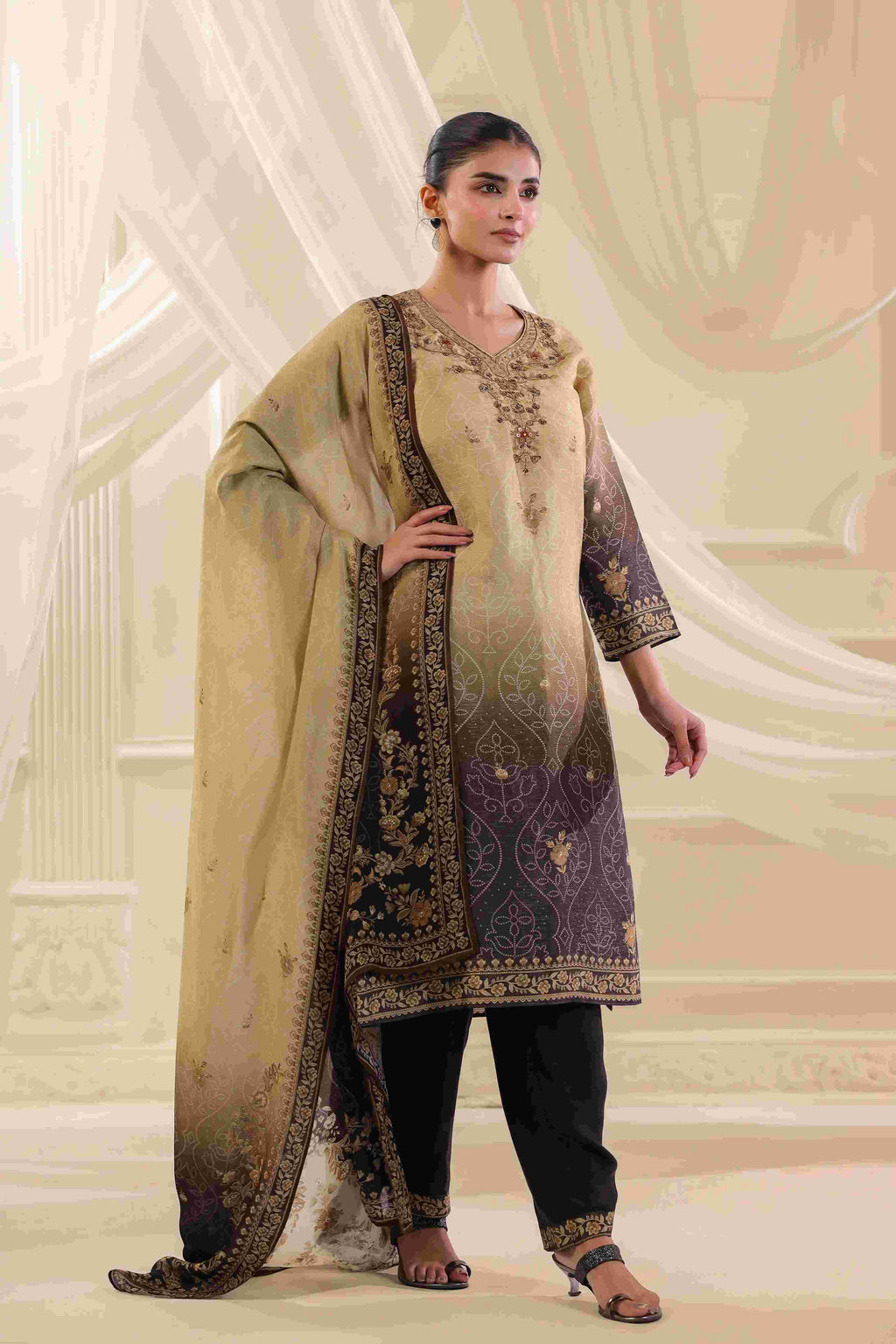 Black & Beige Salwar Kameez Suit Set - - Black & Beige Material: – Top : Dola Silk
