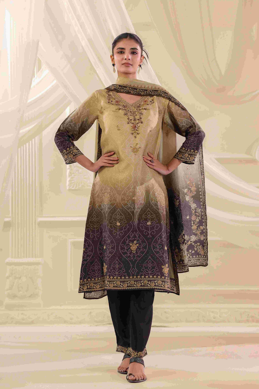 Black & Beige Salwar Kameez Suit Set - Dola Silk