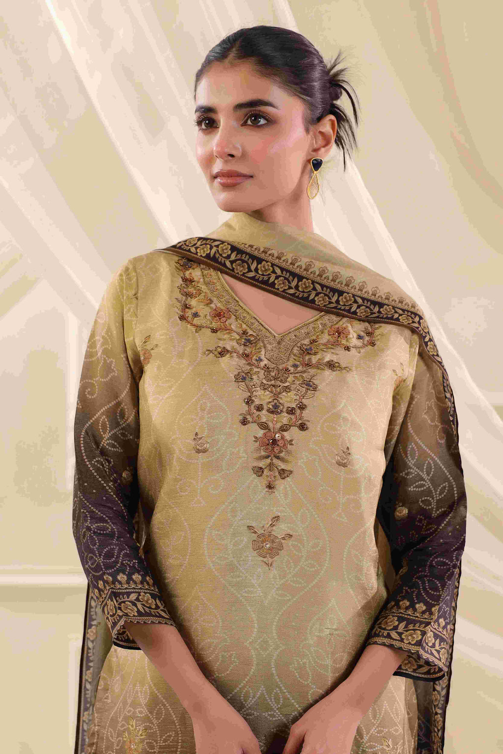 Black & Beige Salwar Kameez Suit Set - Dola Silk