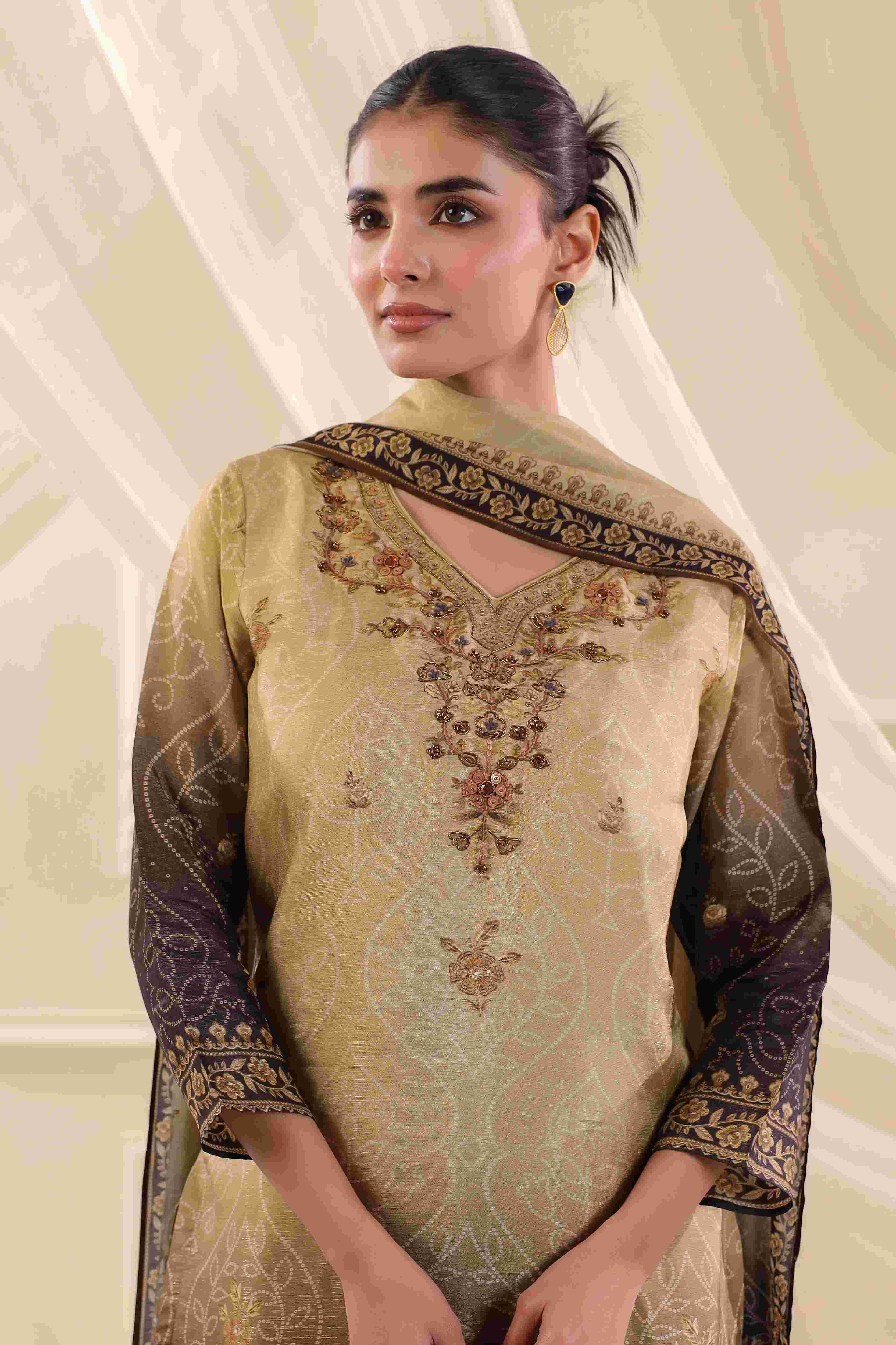 Black & Beige Salwar Kameez Suit Set - Dola Silk