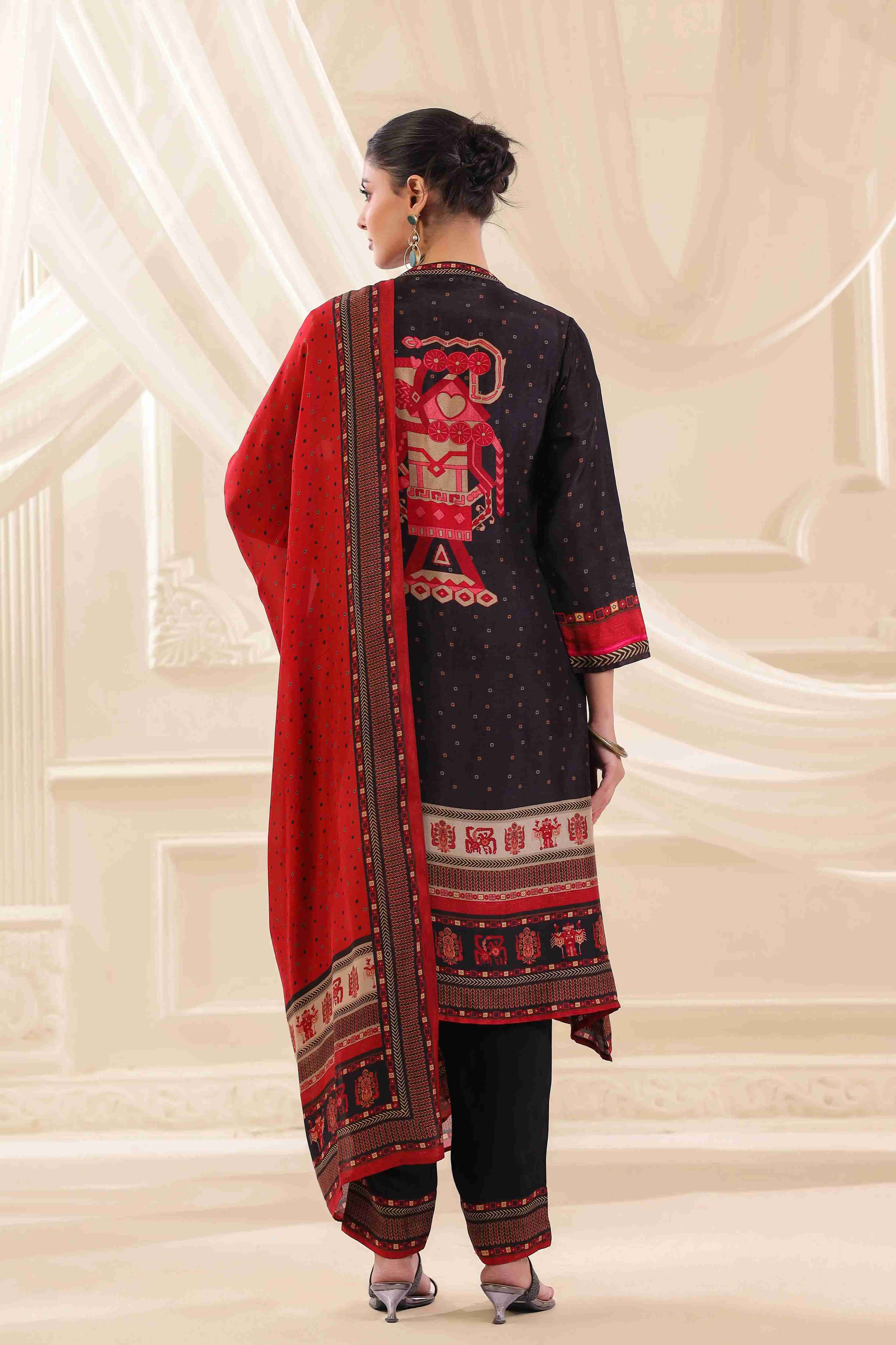 Black & Red Salwar Kameez Suit Set - Russian Silk