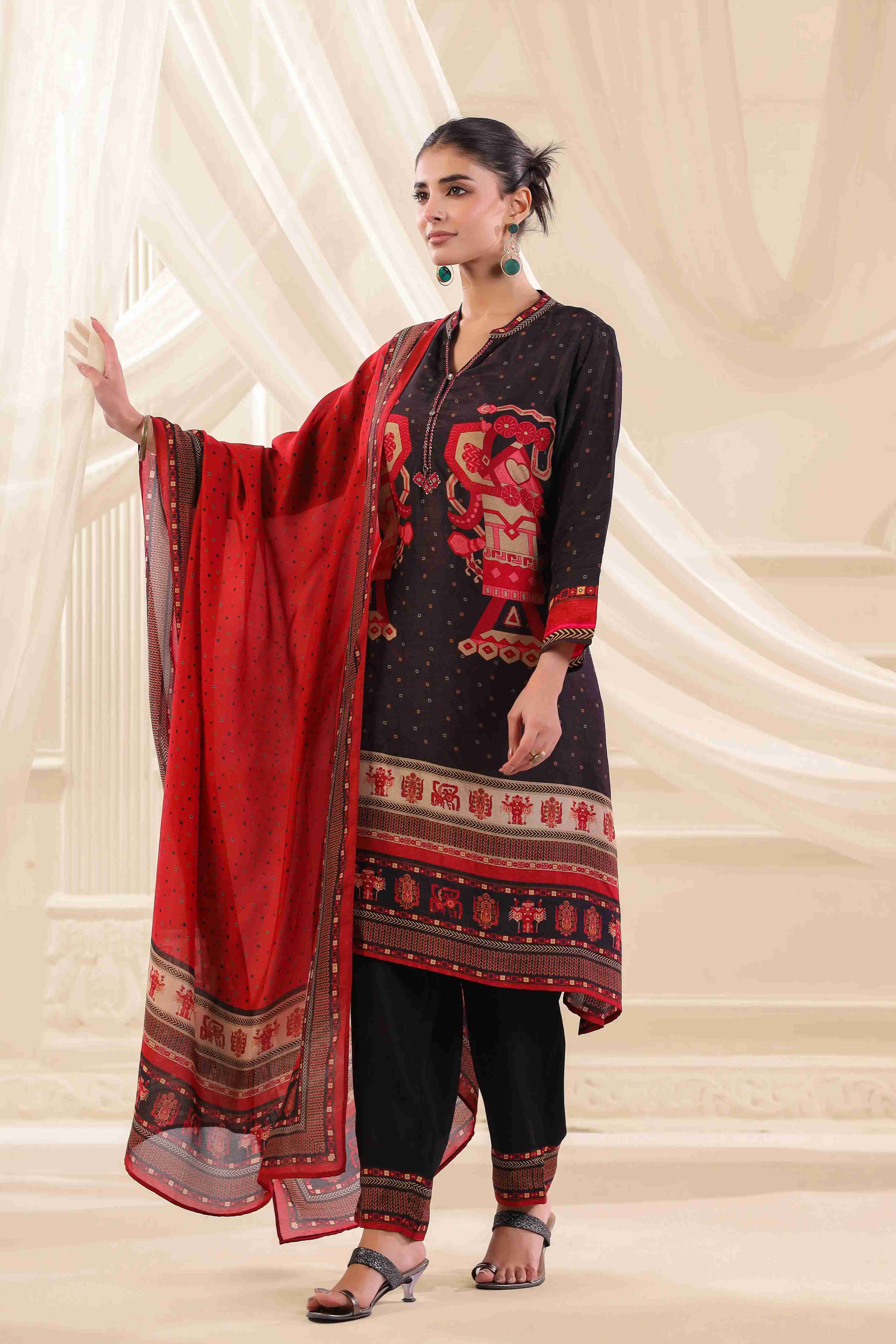 Black & Red Salwar Kameez Suit Set - - Black & Red Material: – Top : Russian Silk