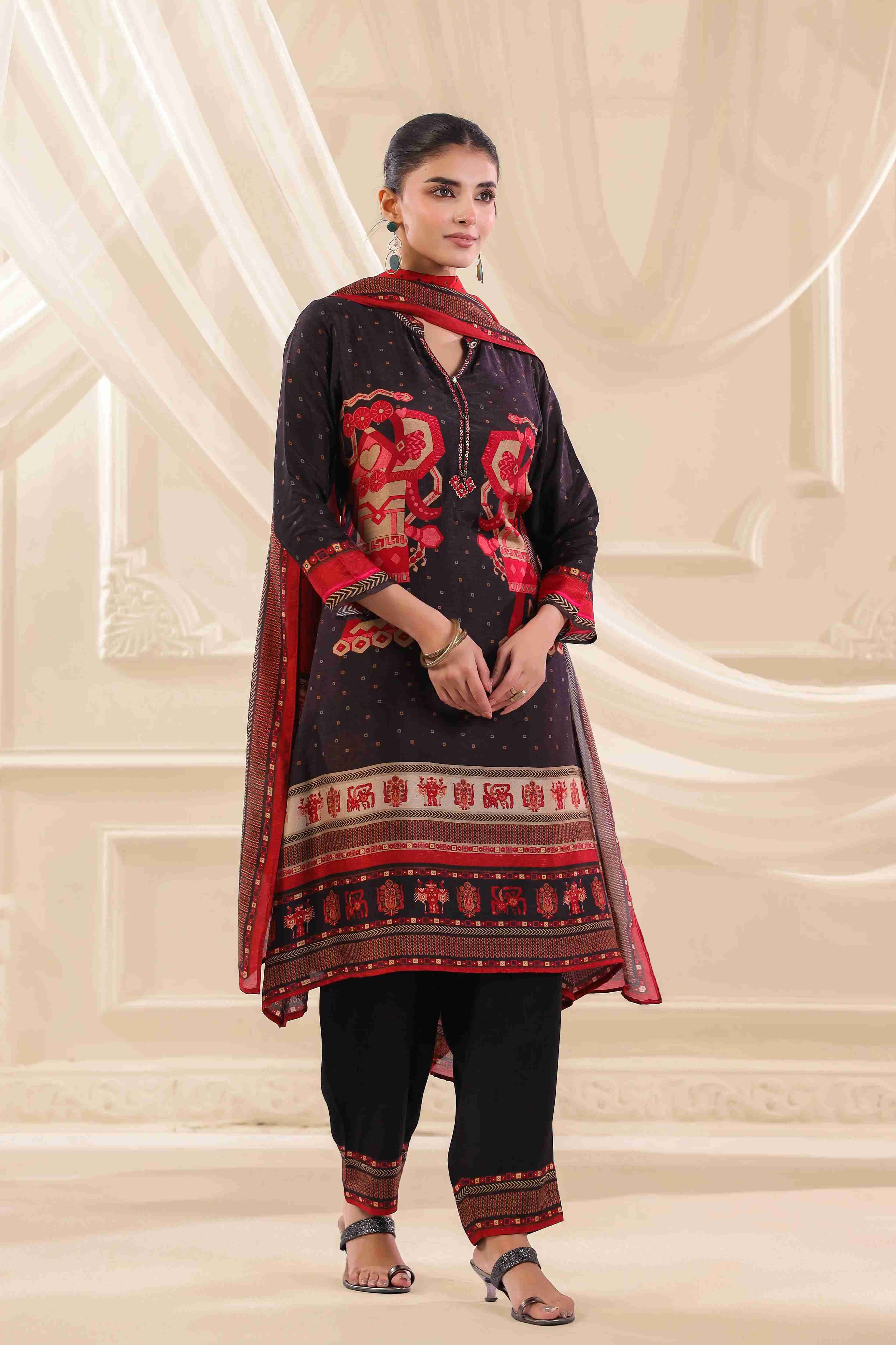 Black & Red Salwar Kameez Suit Set - Russian Silk