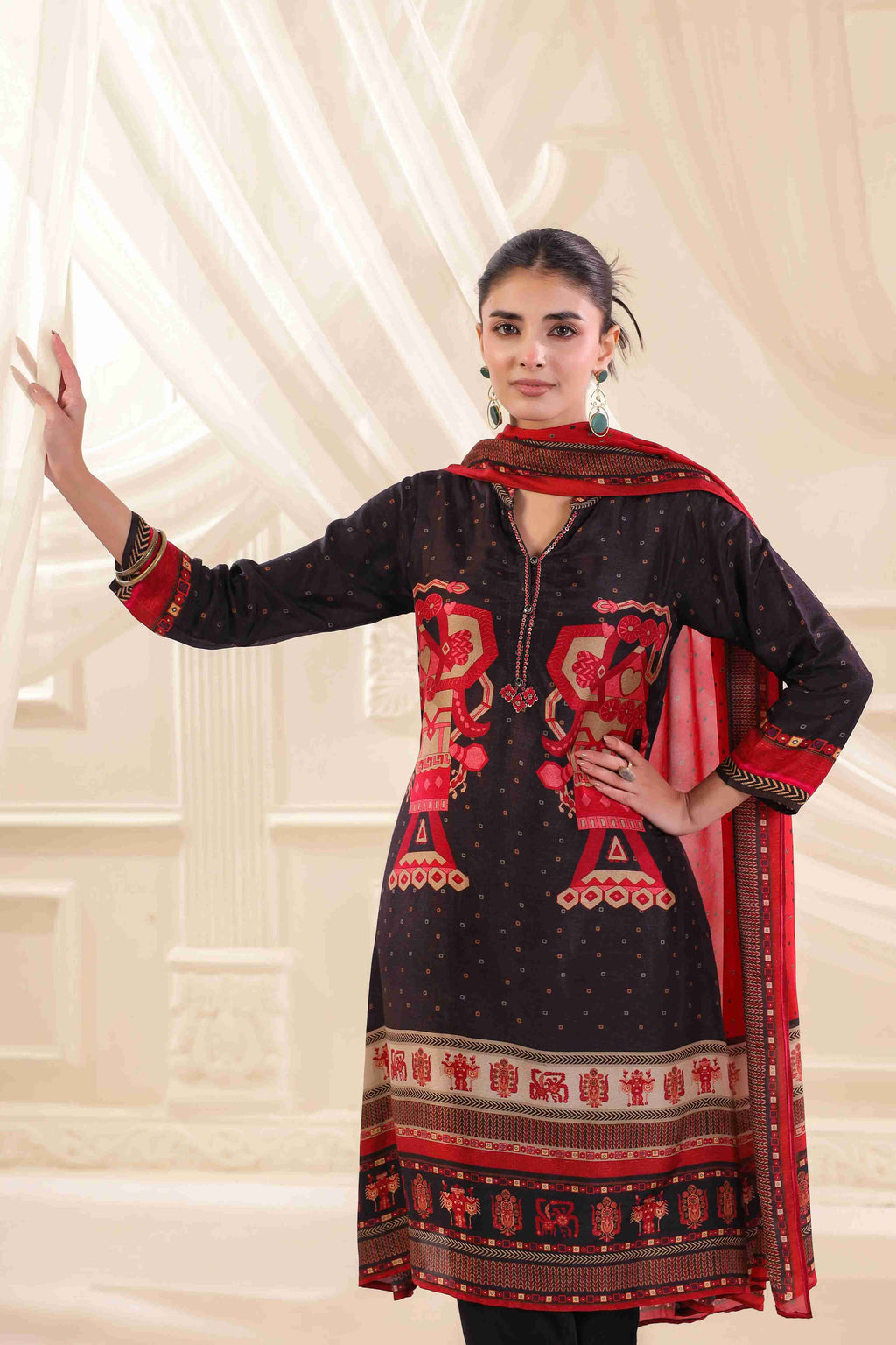 Black & Red Salwar Kameez Suit Set - - Black & Red Material: – Top : Russian Silk