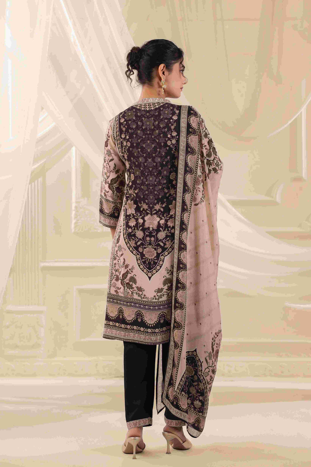 Black & Beige Salwar Kameez Suit Set - Viscose Crepe