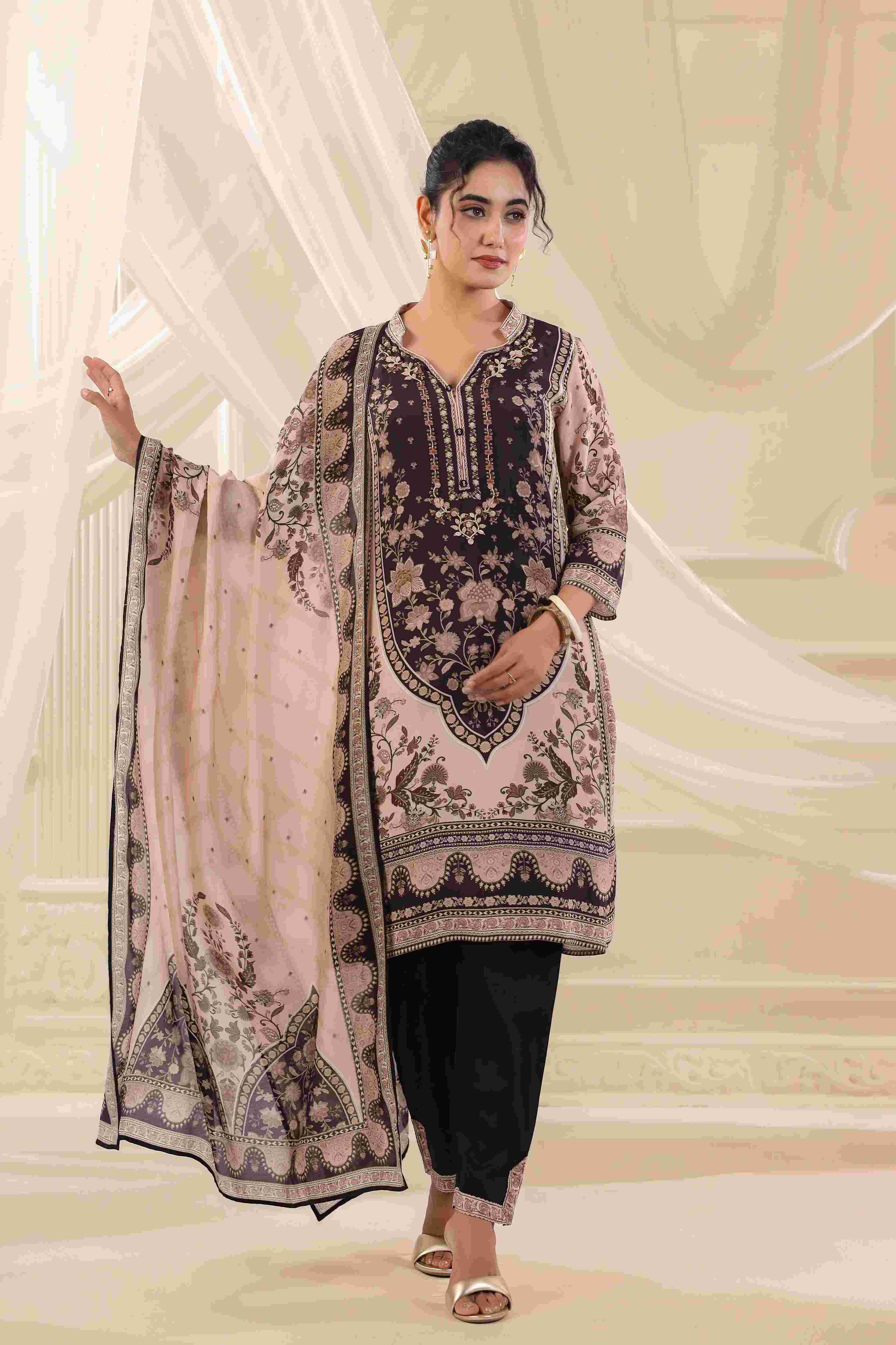 Black & Beige Salwar Kameez Suit Set - Viscose Crepe