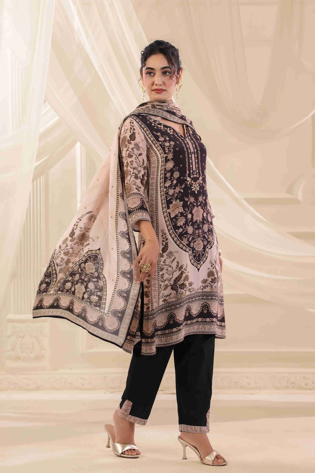 Black & Beige Salwar Kameez Suit Set - - Black & Beige Material: – Top : Viscose Crepe