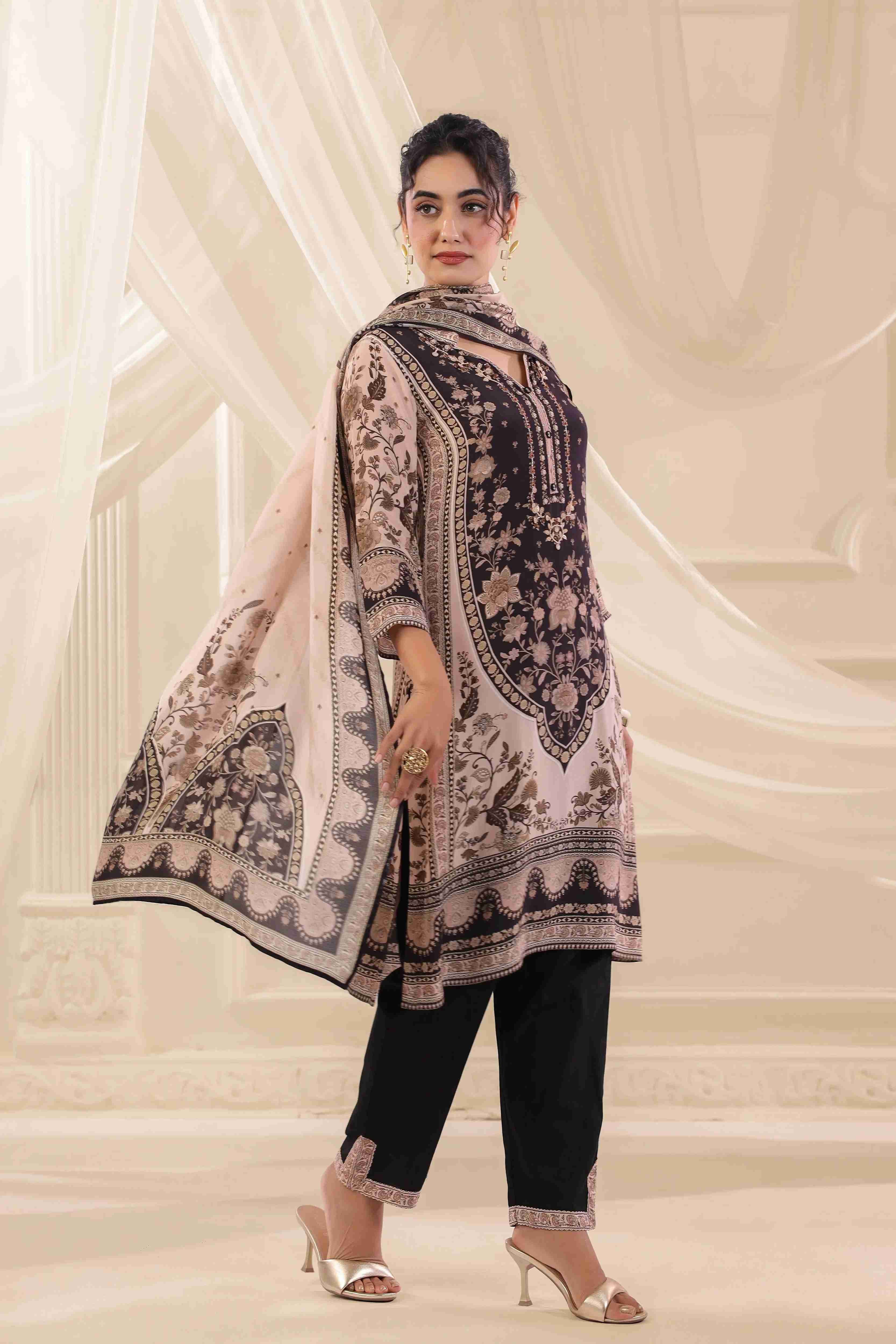 Black & Beige Salwar Kameez Suit Set - - Black & Beige Material: – Top : Viscose Crepe