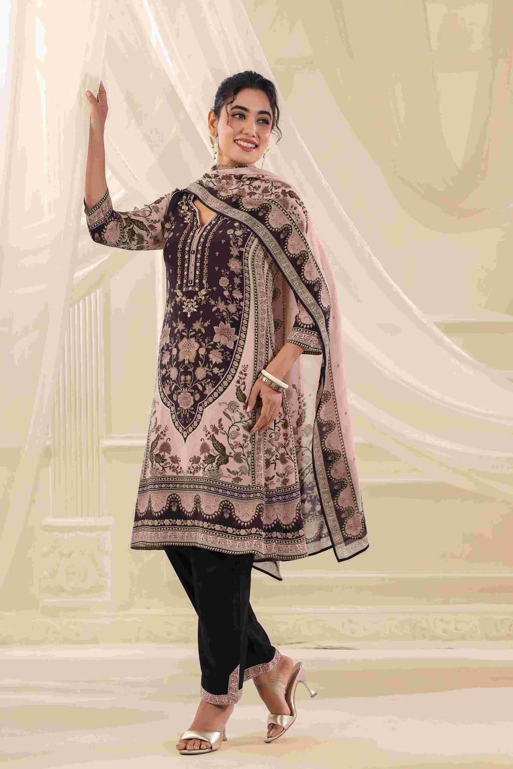 Black & Beige Salwar Kameez Suit Set - Viscose Crepe