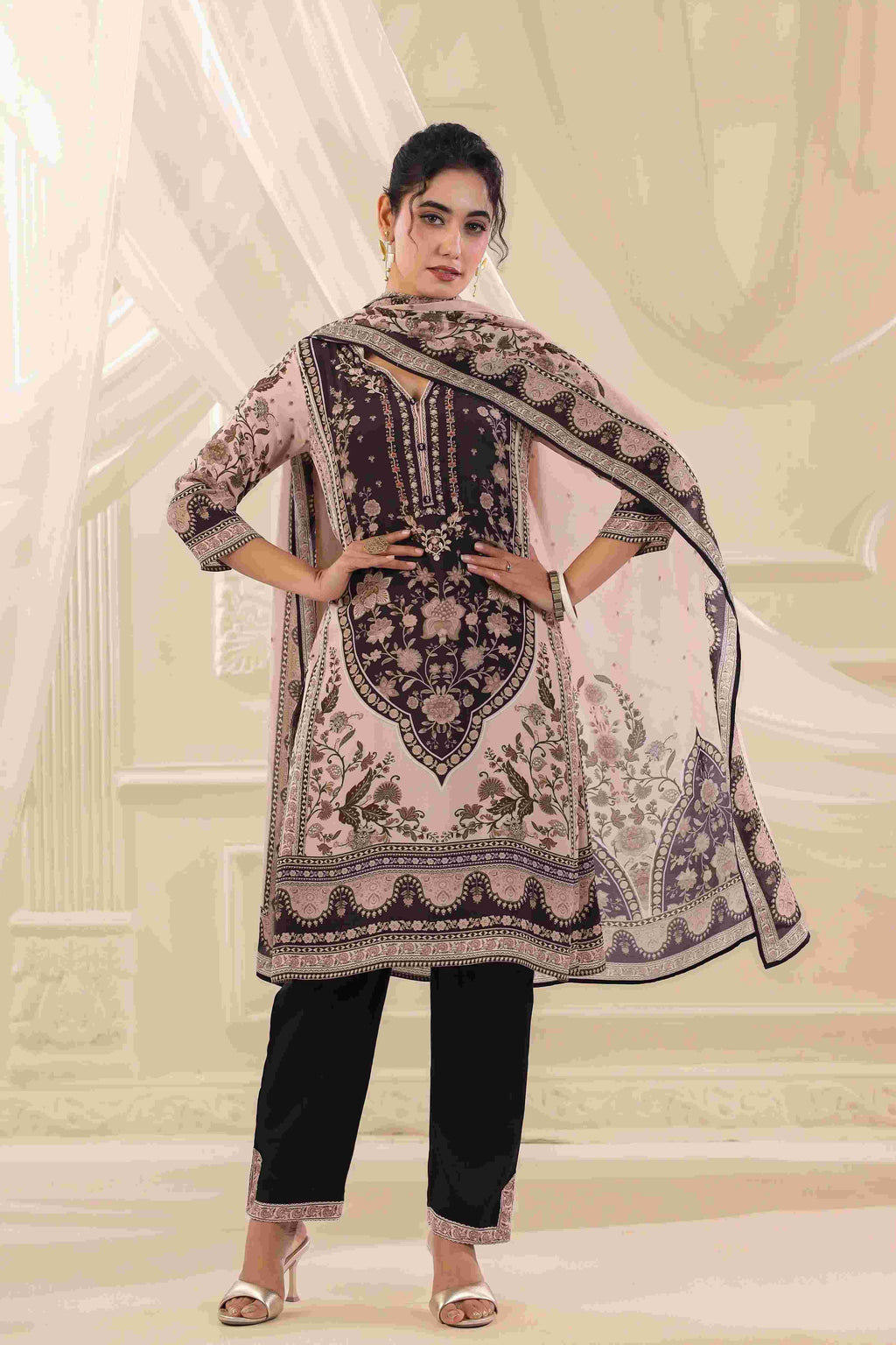 Black & Beige Salwar Kameez Suit Set - Viscose Crepe