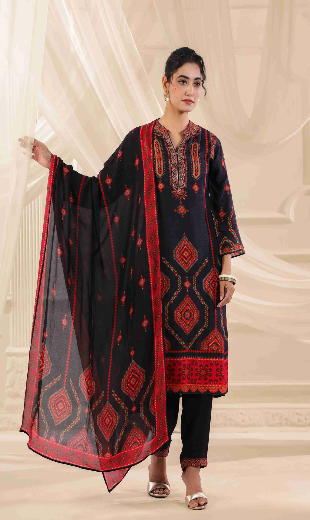 Black & Red Salwar Kameez Suit Set - Dola Silk