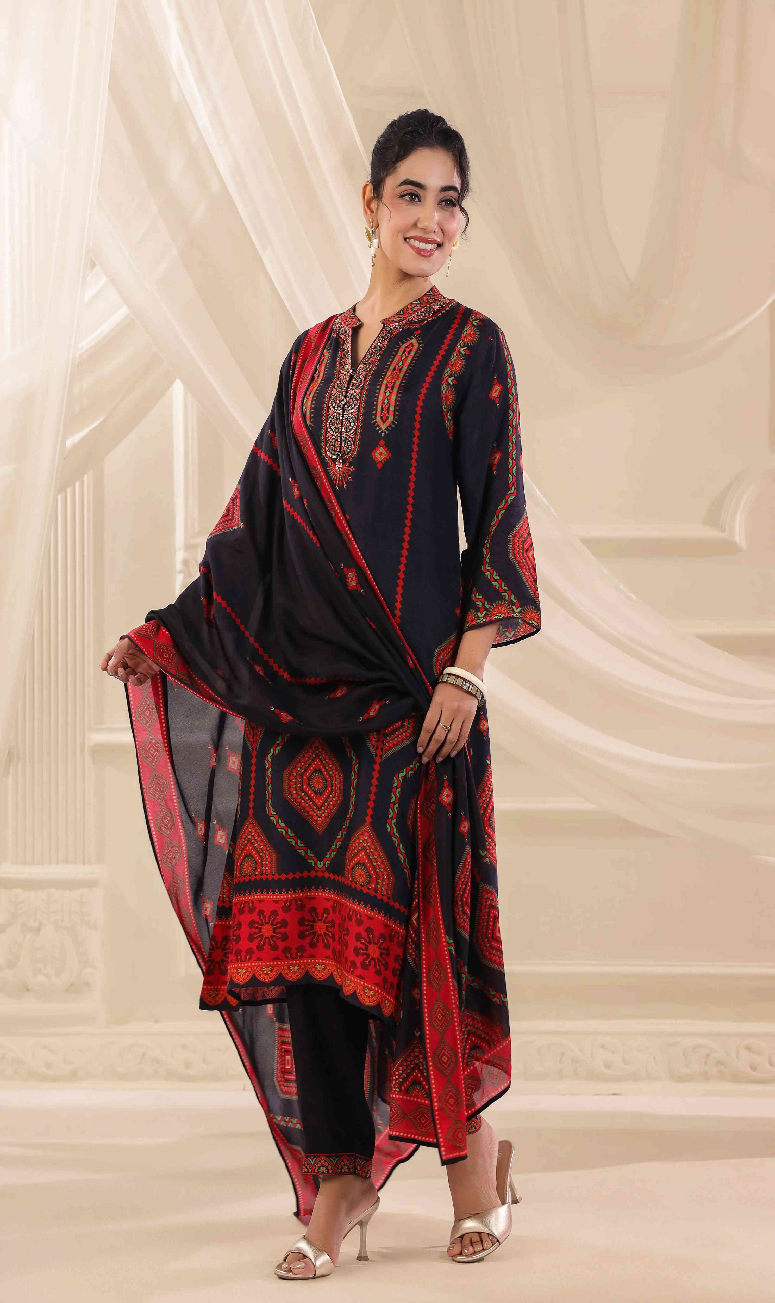 Black & Red Salwar Kameez Suit Set - Dola Silk
