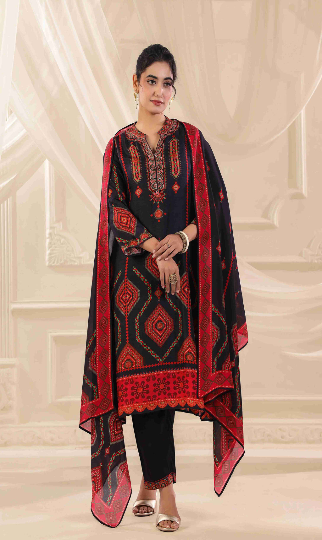 Black & Red Salwar Kameez Suit Set - Dola Silk