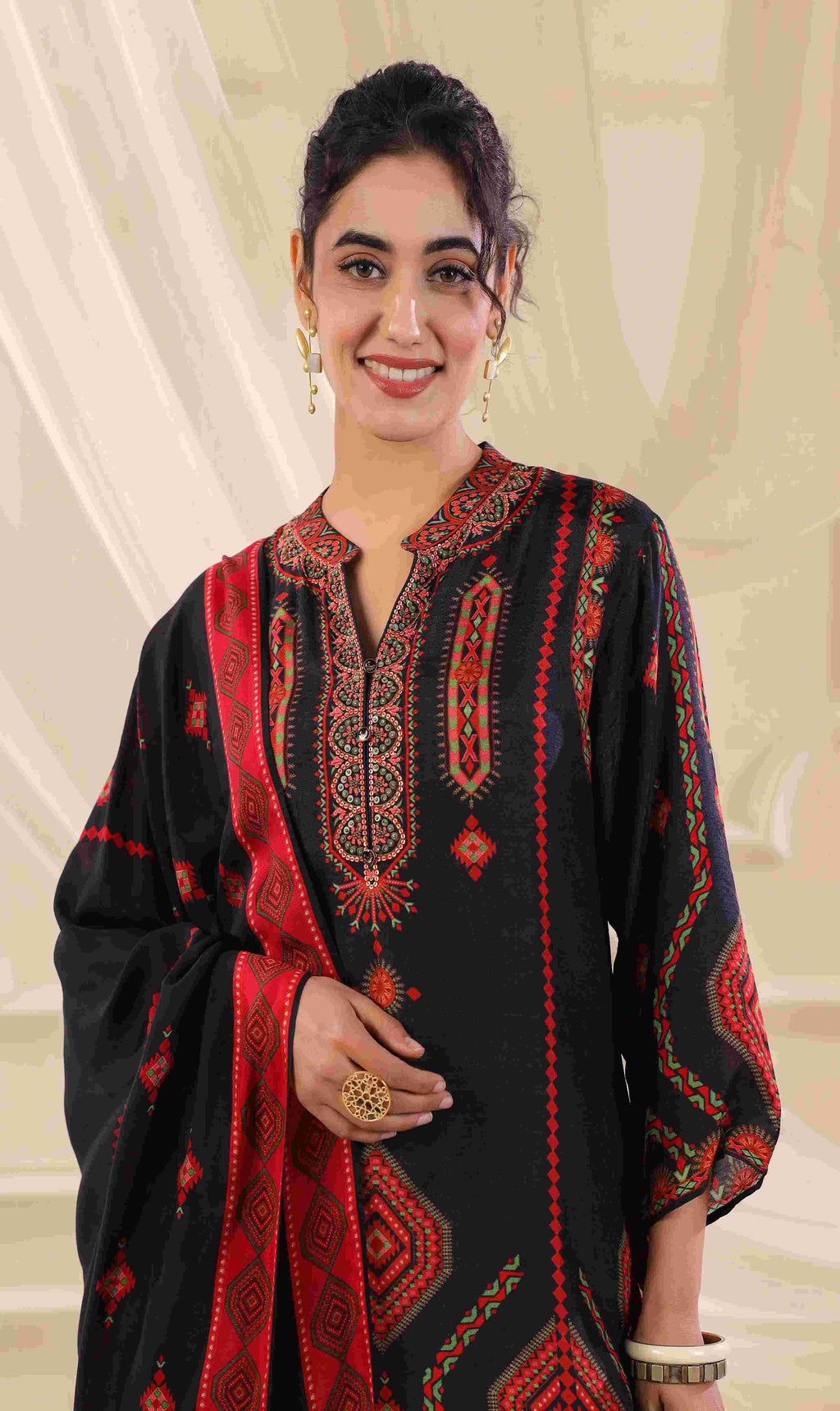 Black & Red Salwar Kameez Suit Set - Dola Silk