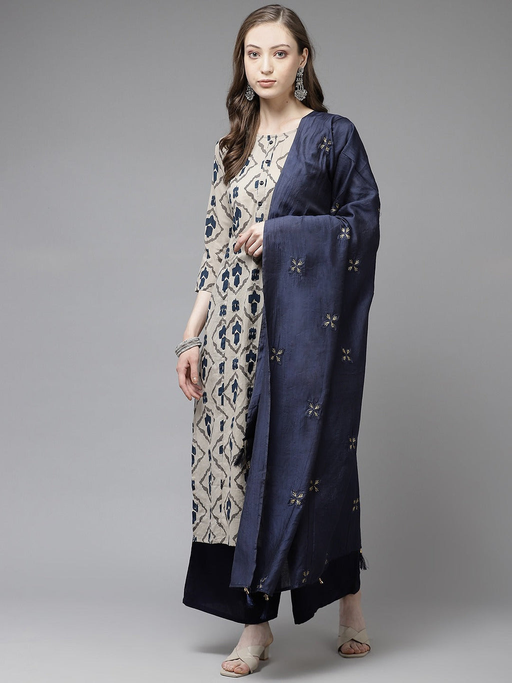 Beige & Navy Blue Printed Pure Cotton Kurta with Palazzos & Dupatta