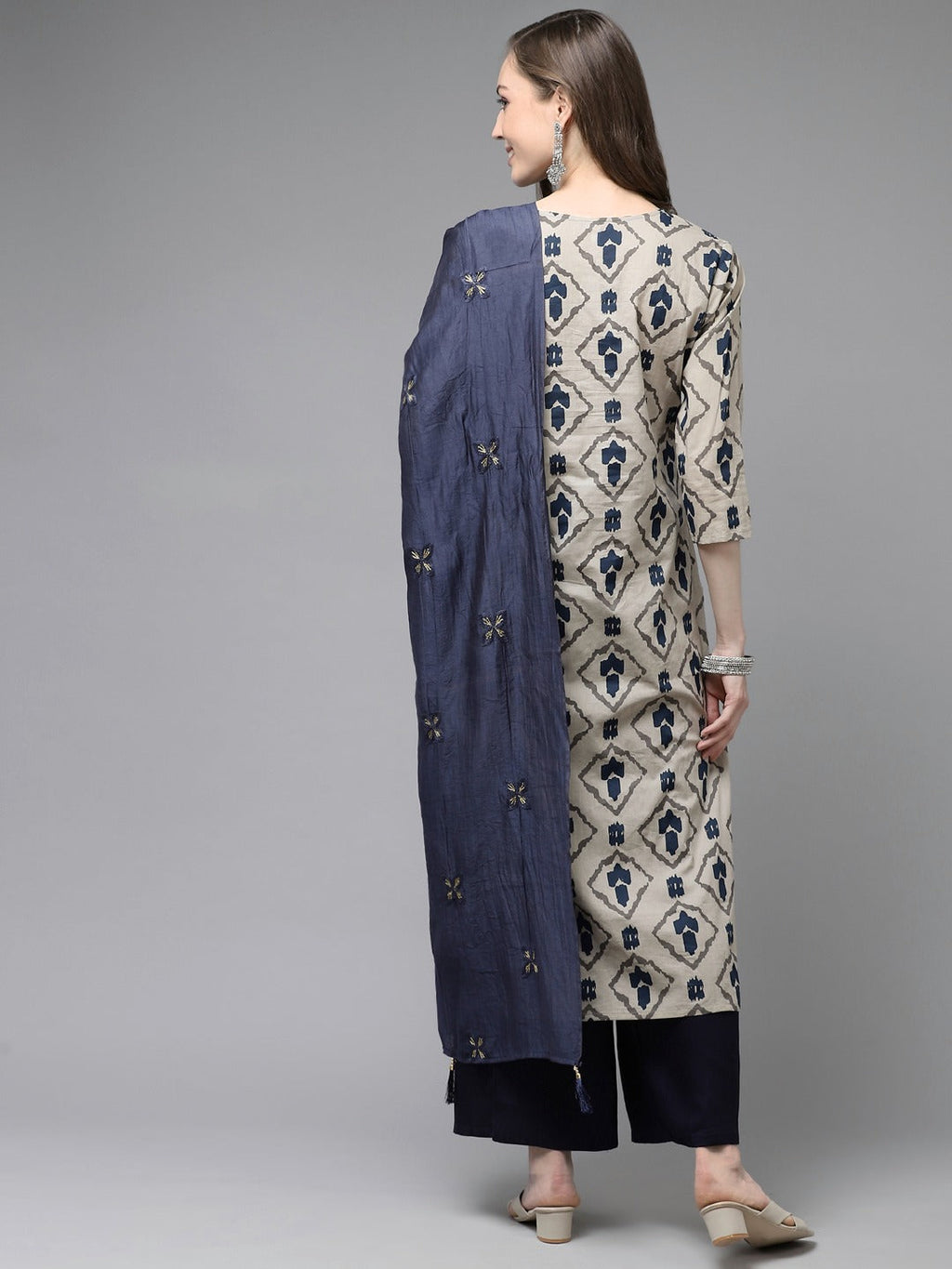 Beige & Navy Blue Printed Pure Cotton Kurta with Palazzos & Dupatta