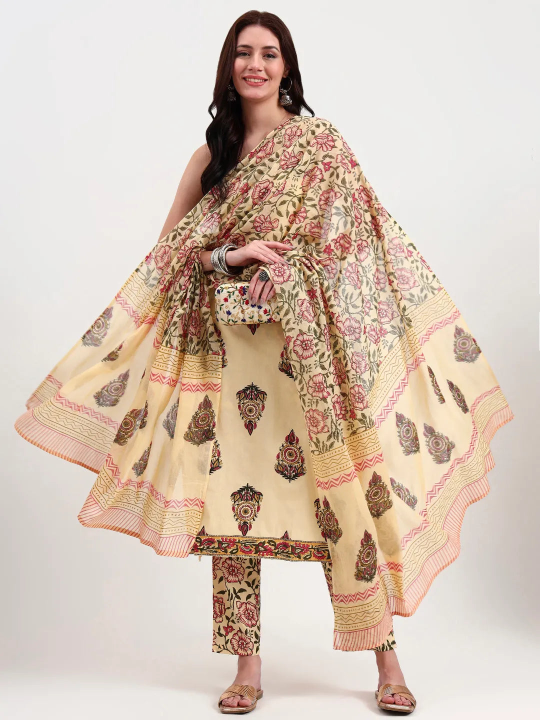 Beige Pure Cotton Sequins Work Straight Kurta Trouser Dupatta Set