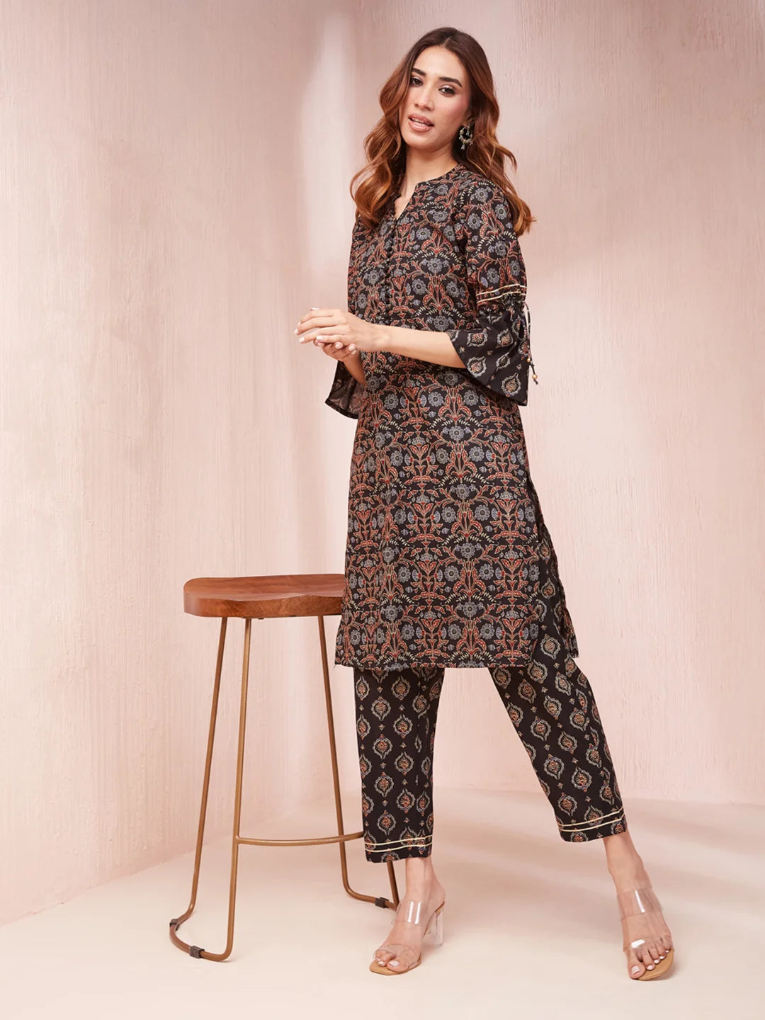 Black Ethnic Motifs Mandarin Collar Straight Kurta Trouser Set