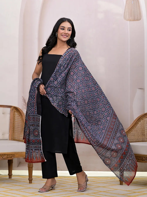 Black Pure Cotton Straight Suit Set